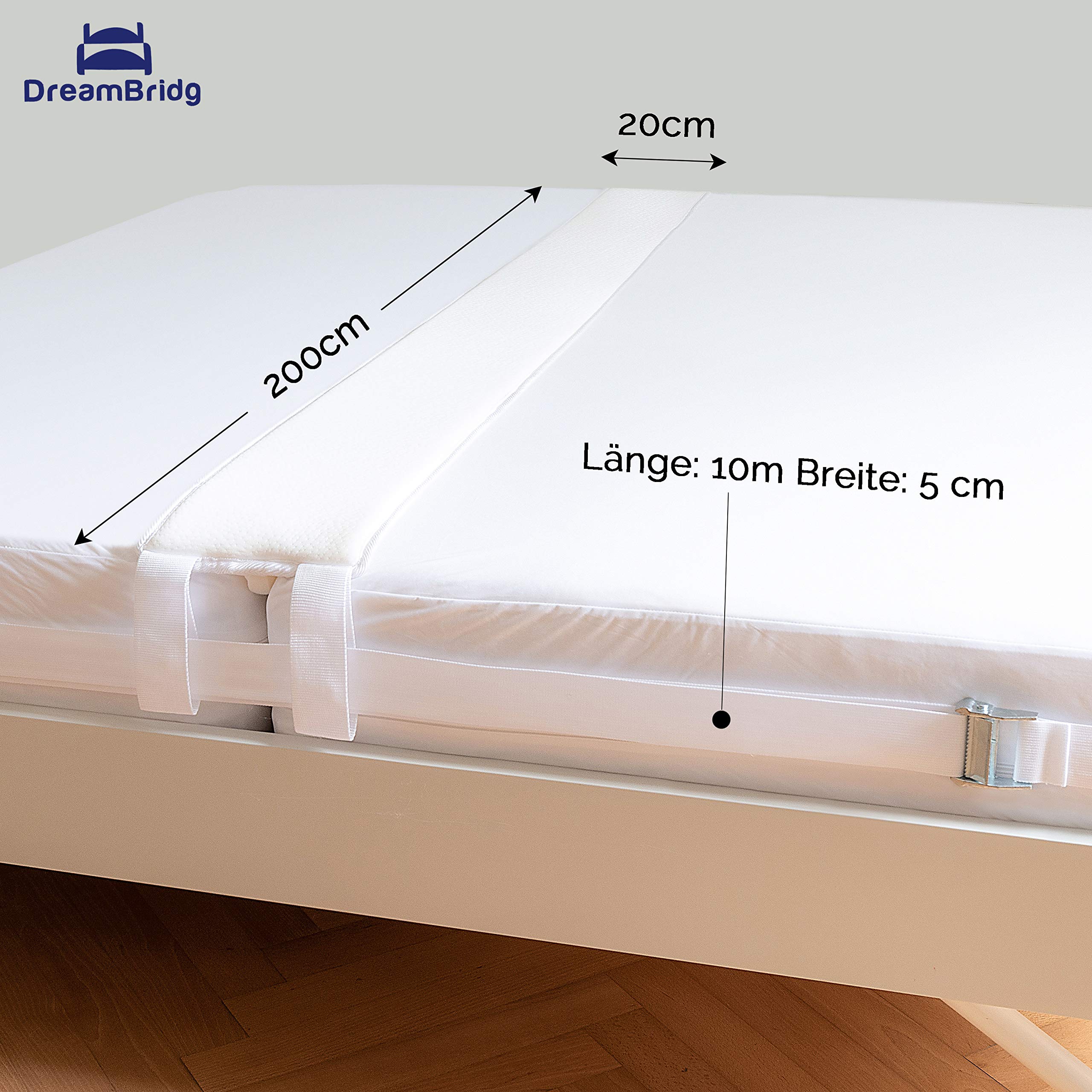 Liebesbrücke für Matratzen 200 cm x 20 - der Ritzenfüller für Matratzen im Familienbett oder Doppelbett - Wird als Matratzenkeil in die Lücke gelegt inkl. Spanngurt für festen Halt