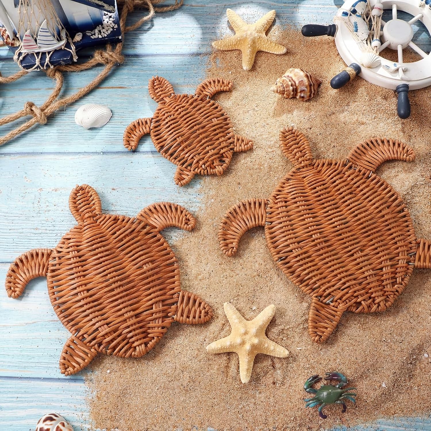 Cinnvoice 3 Pcs Sea Turtle Wicker Wall Decor 3 Size Handmade Coastal Summer Rattan Wall Art Decor Beach Boho Nautical Ornament for Bathroom Living Room Table Indoor Outdoor Party