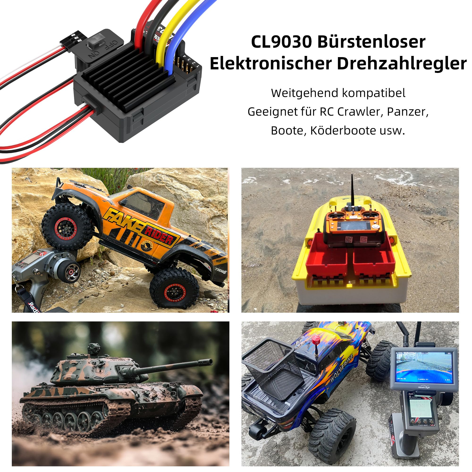 Radiolink Cool 9030 ESC 90A Brushed (2-4S) Wasserdicht Eingebautes BEC 5A Wählbar 5.5V/7.5V Elektronischer Drehzahlregler für RC Truck Crawler Panzer Autos Köder Boote (XT60 Stecker Schwarz)