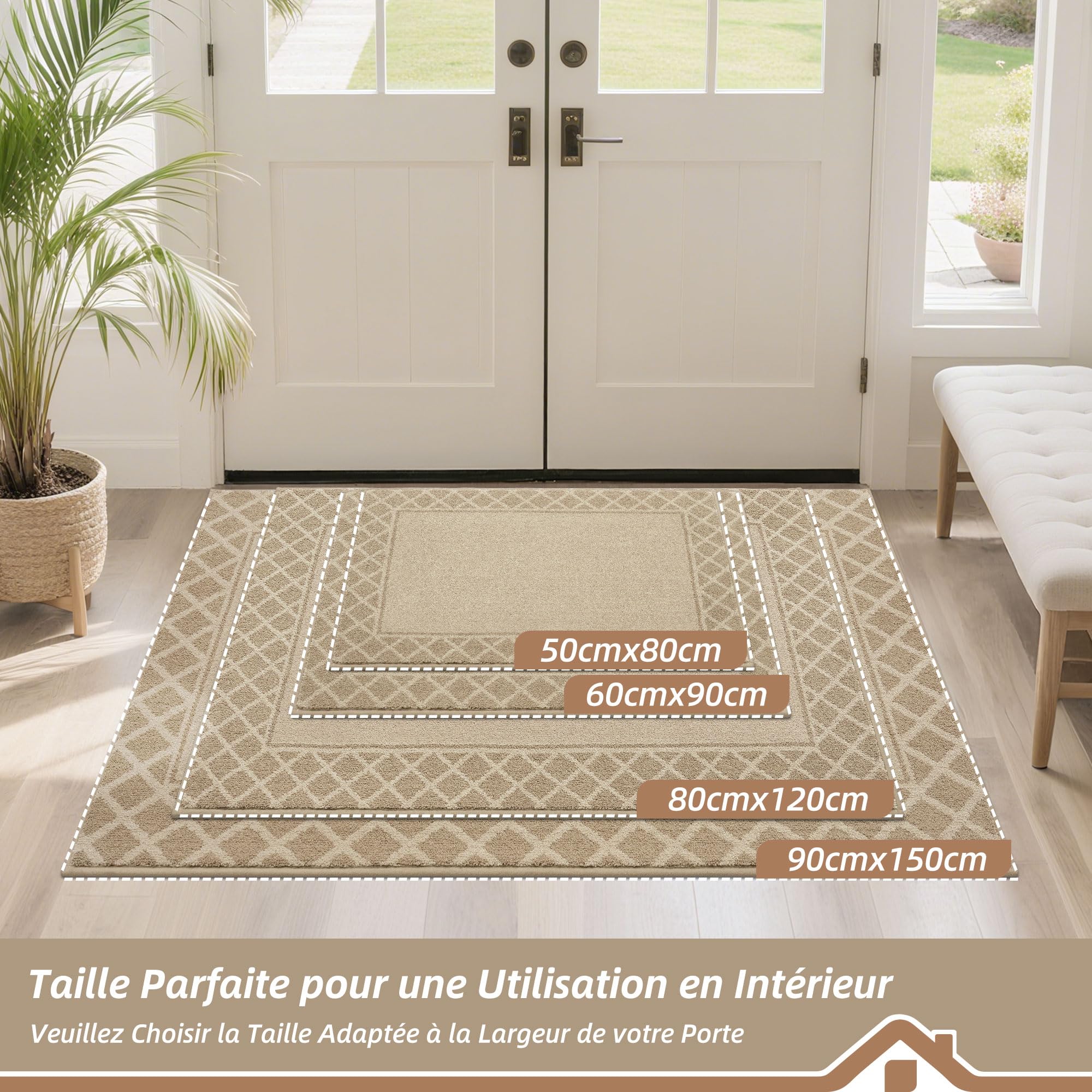 BEQHAUSE Tapis Entrée Intérieur, TPR Antidérapant, 90 x 150cm, Beige Clair