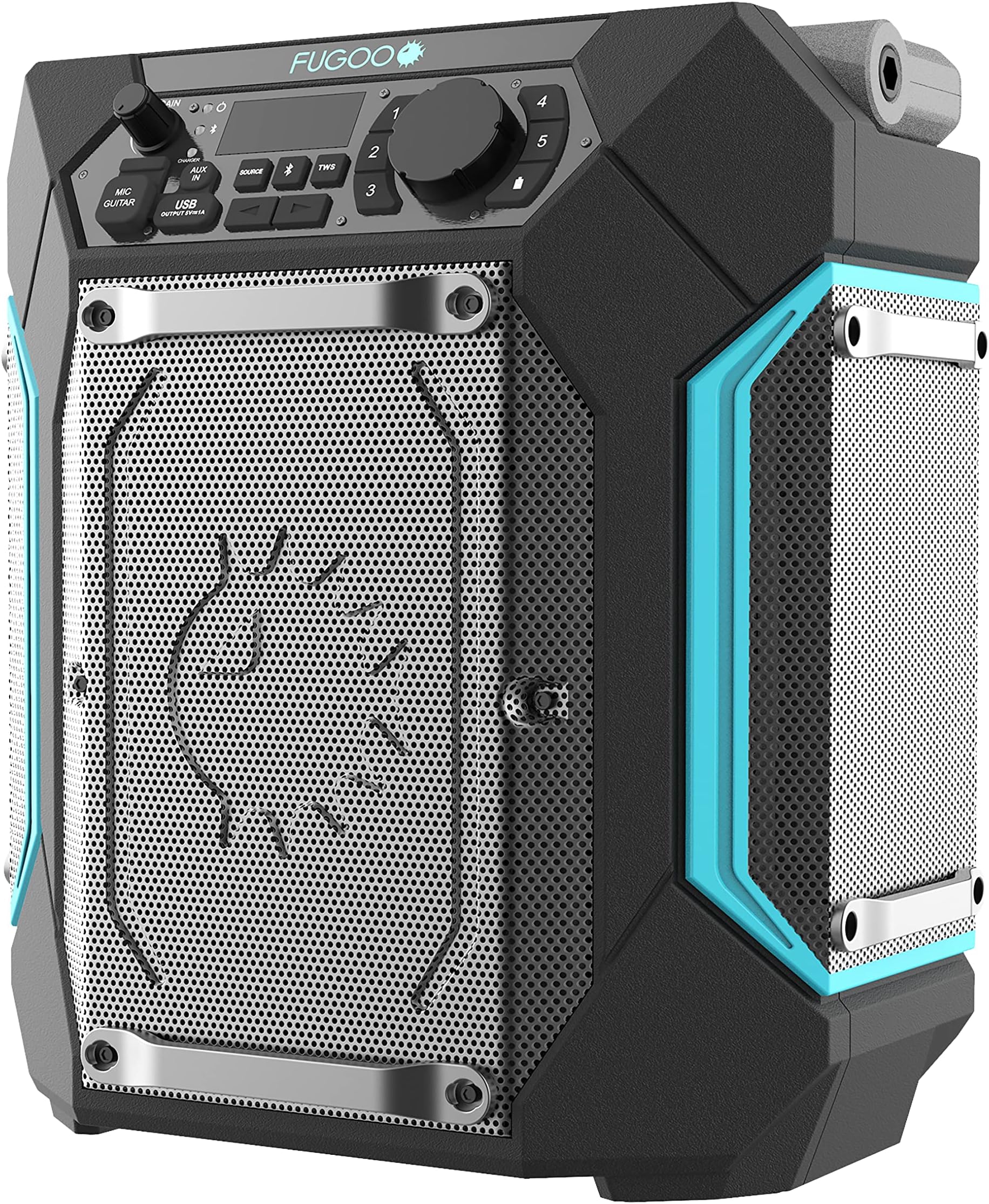 Fugoo Traveler | Portable Indoor/Outdoor Bluetooth Speaker | 100W, 7-Inch Sub, 48 Hour Playtime | 270 Degree Audio | IPX4 Water Resistant | Use as PA System – Mic/Guitar Input & USB Port