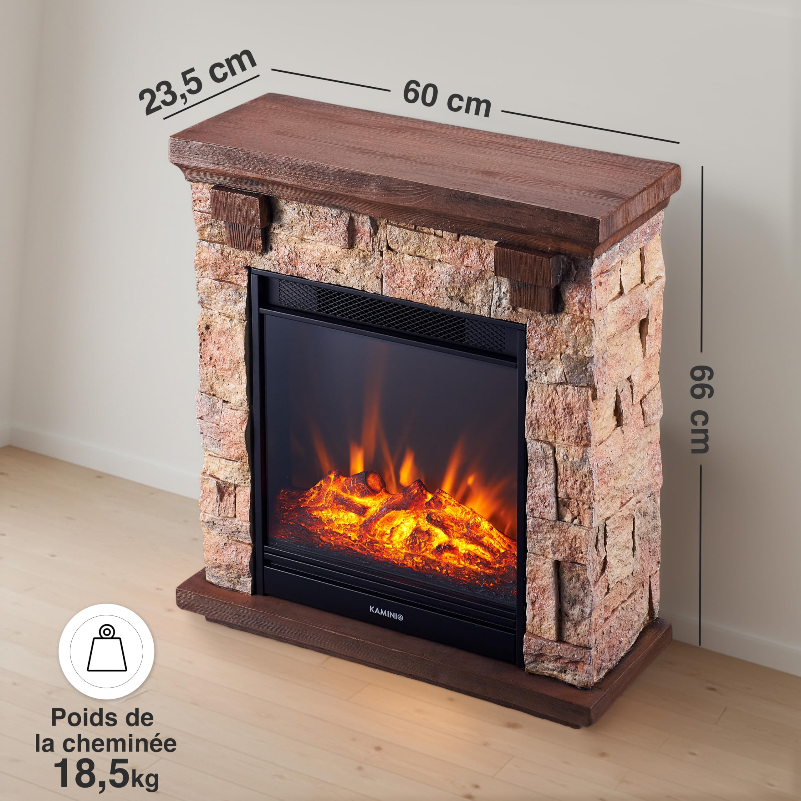 KAMINIO Cheminée électrique Juan - Cheminée sur Pied Aspect Pierre avec Fonction Chauffage, Effet Flammes 3D, télécommande (Beige)