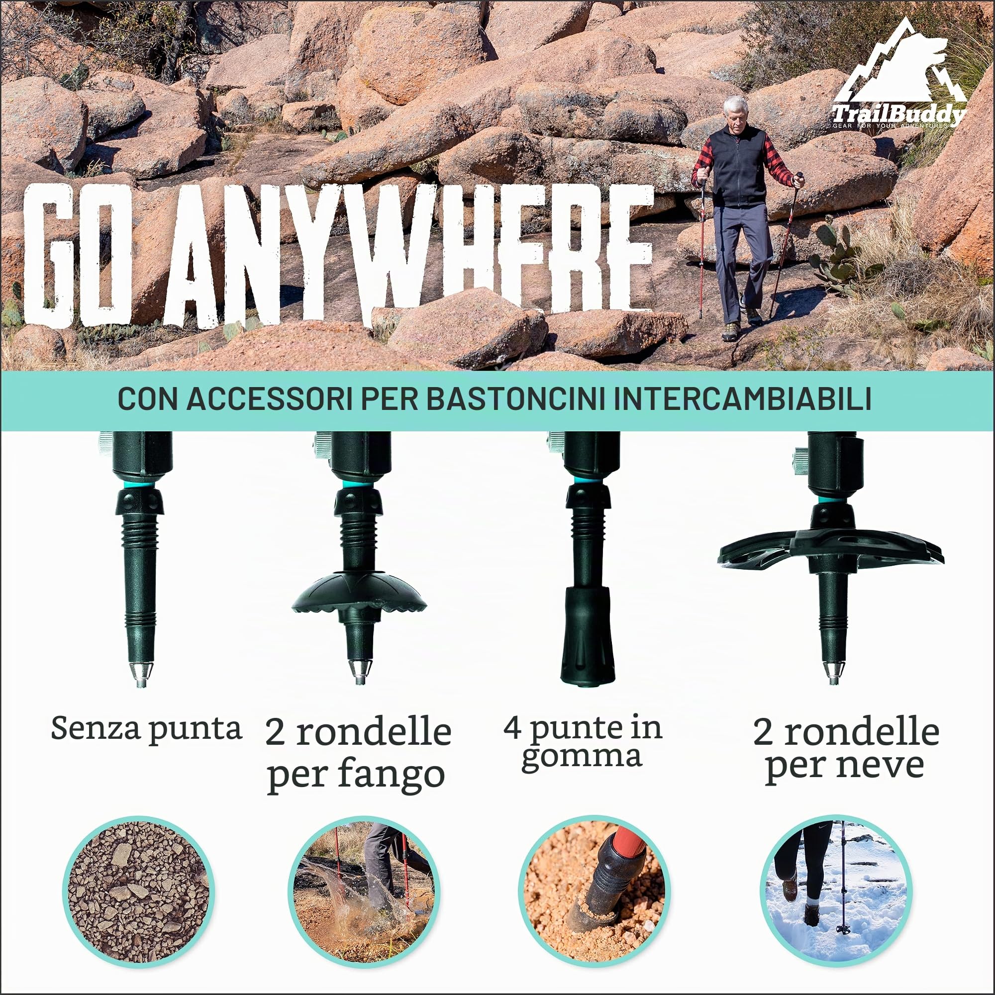 TrailBuddy Walking Poles - Pack of 2 Lightweight, Adjustable Trekking Poles for Hiking, Camping & Backpacking - Walking Sticks w/Cork Grip and Padded Strap