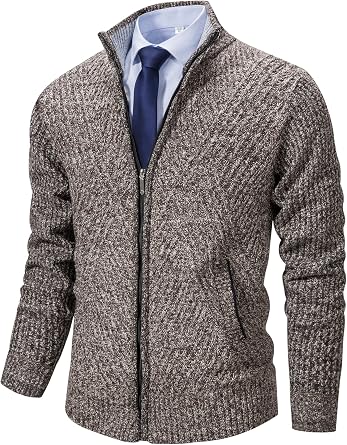 XinYangNi Mens Cardigan Sweaters Knit Zipper Casual Slim Fit Stand Collar with Full Zip and Pockets