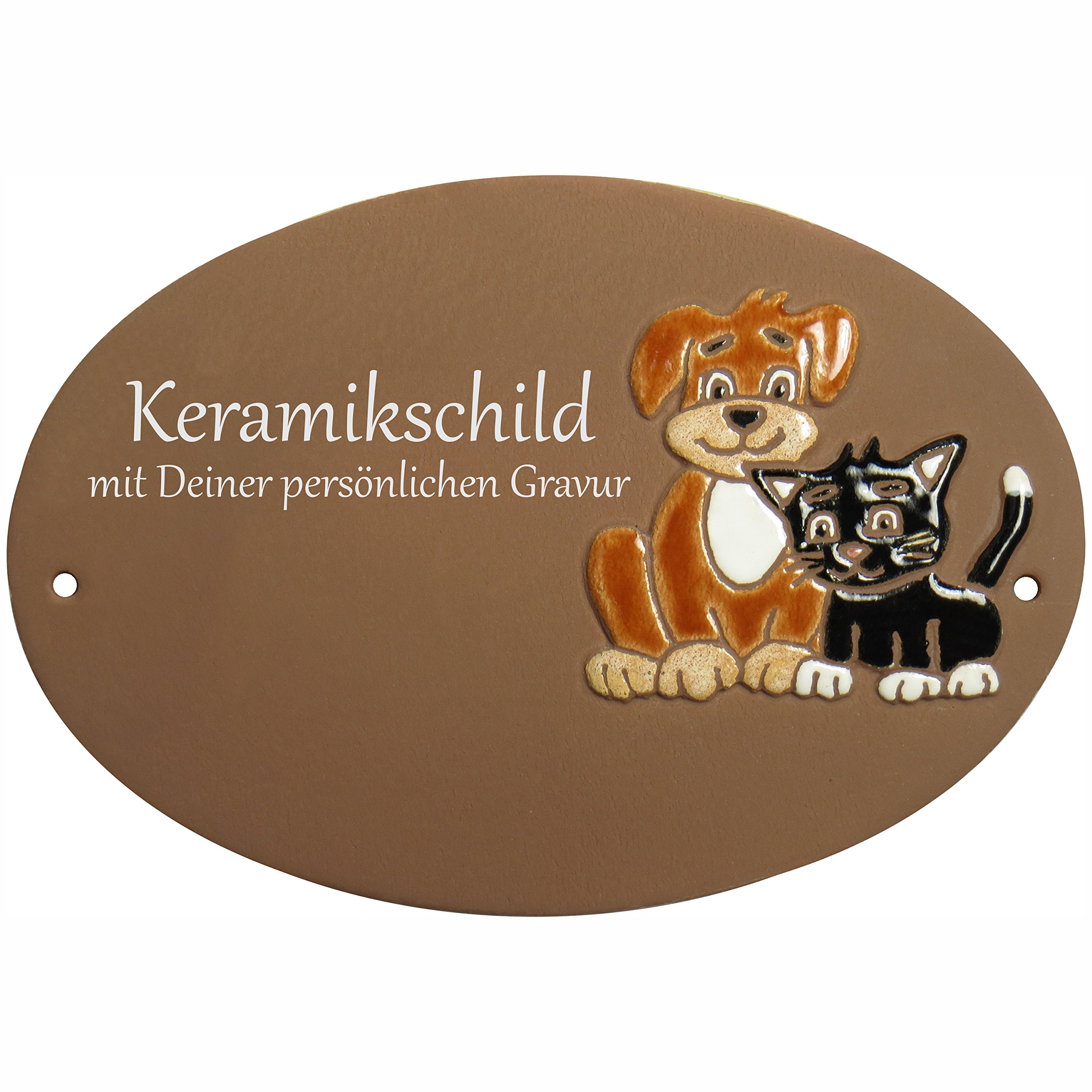 Keramikschild 20,5 x 14,0 cm Motiv Hund und Katze (braun)