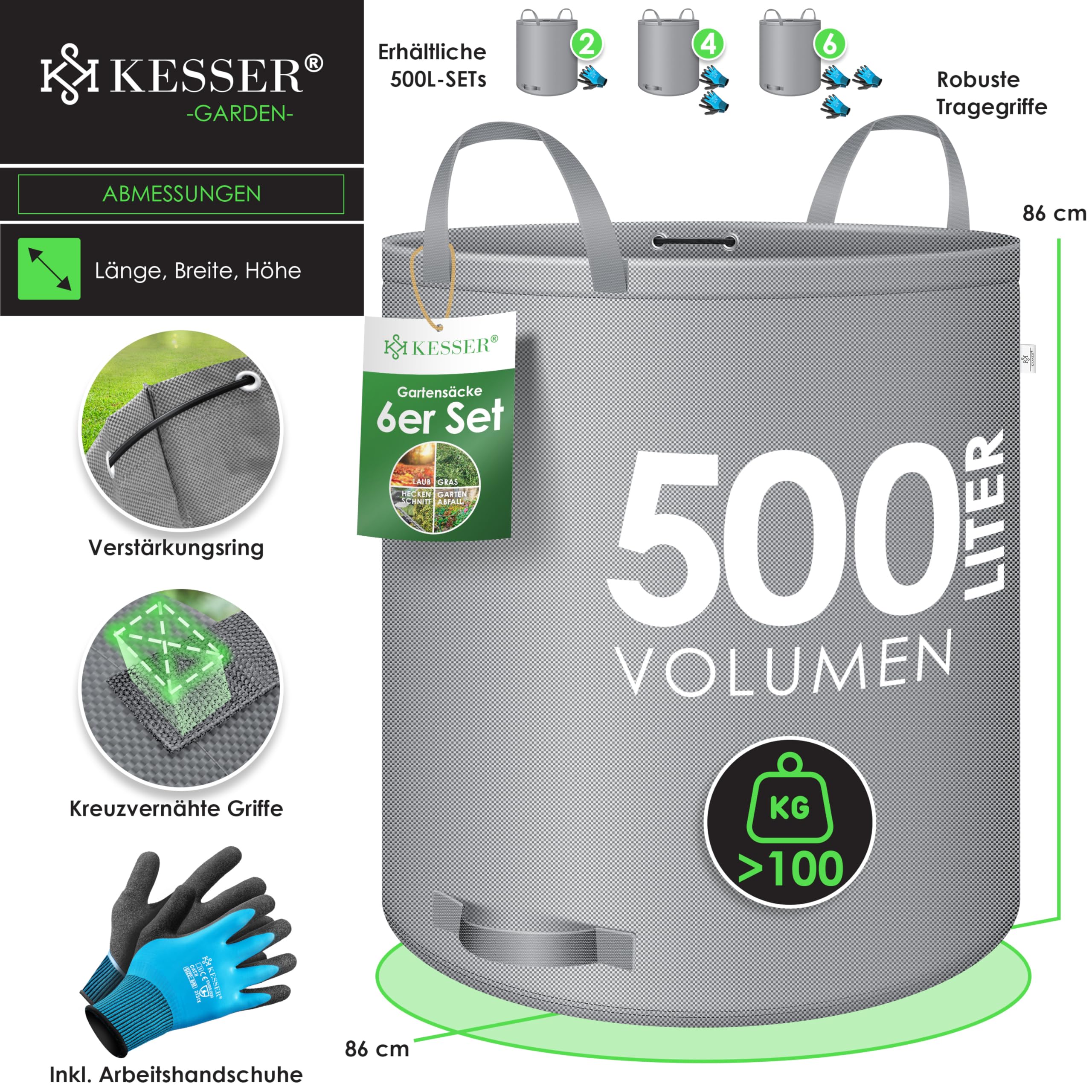 KESSER® Gartensack 6x 500L Set Laubsack Gartenabfallsack inkl. Handschuhe - Selbststehend 4 Griffe Stabil Robust & Faltbar - Laubsäcke Rasenschnitt Gartensäcke für Gartenabfälle Grünschnitt Grau