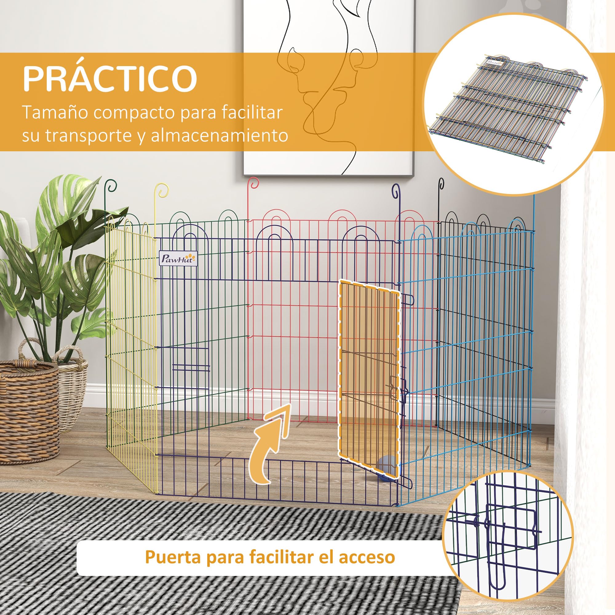 PawHut Parque Plegable para Perros de 6 Paneles, Ø120x60 cm, Valla Metálica para Cachorros, Conejos, Diseño DIY, con Puerta, Estacas, para Interior y Exterior, Multicolor