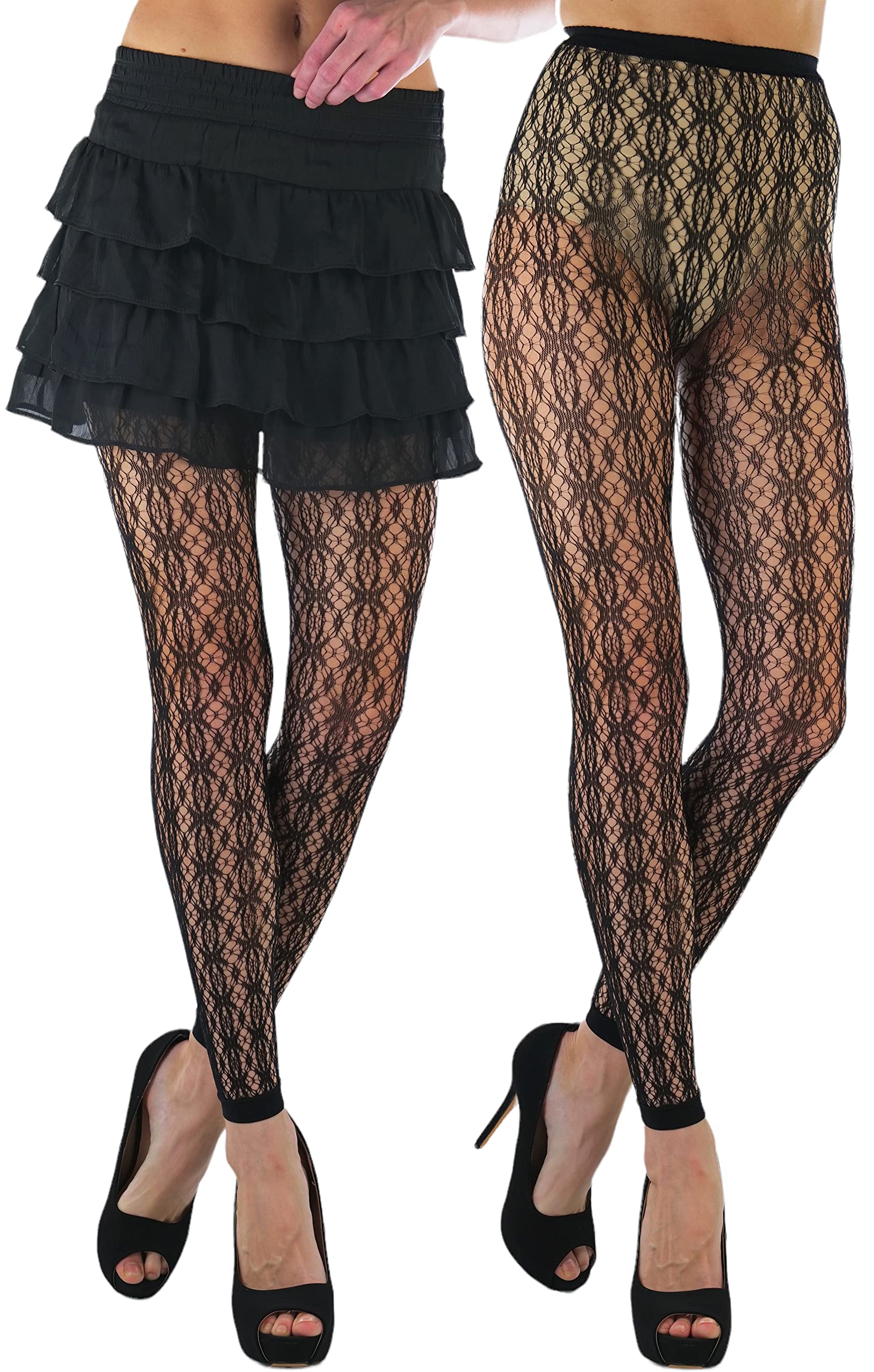 ToBeInStyle Women's Single Floral Lace Fishnet Tights Footless &amp; Stirrup Design