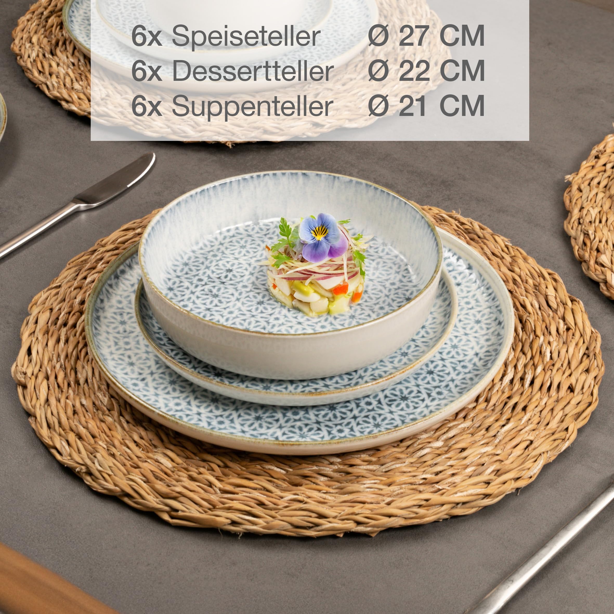 Moritz & Moritz ALHAMBRA Geschirrset 6 Personen 18-tlg. aus hochwertigem Porzellan - Modernes Tafelservice in Blau - Pflegeleichtes Geschirr Set aus je 6x Speiseteller, Dessertteller und Schalen