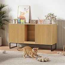 Kitty Litter Box Enclosure for 2 Cats, Small Hidden Cat Litter Box Furniture with Scratch Pad, Modern Fluted Double Litterbox Cabinet TV Stand for Kittens, Natural