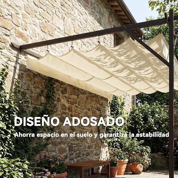 Outsunny Pérgola de Pared de Jardín 4x3 m, Cenador de Jardín con Techo Retráctil, Protección UPF30+, Orificios de Drenaje y Estructura Metálica, Pabellón para Patio, Terraza, Exterior, Blanco Crema - 3