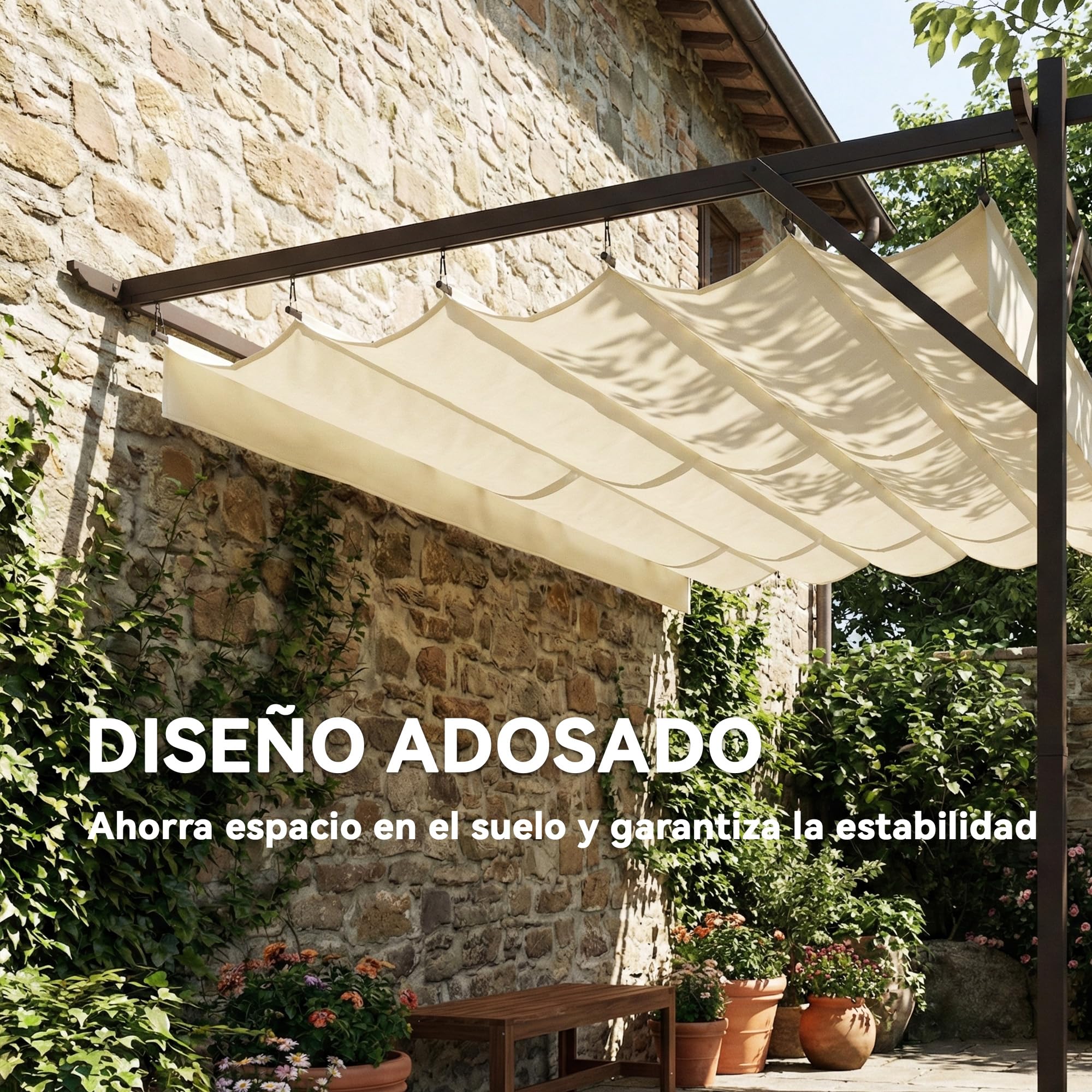 Outsunny Pérgola de Pared de Jardín 3x3 m, Cenador de Jardín con Techo Retráctil, Protección UPF30+, Orificios de Drenaje y Estructura Metálica, Pabellón para Patio, Terraza, Exterior, Blanco Crema - 3