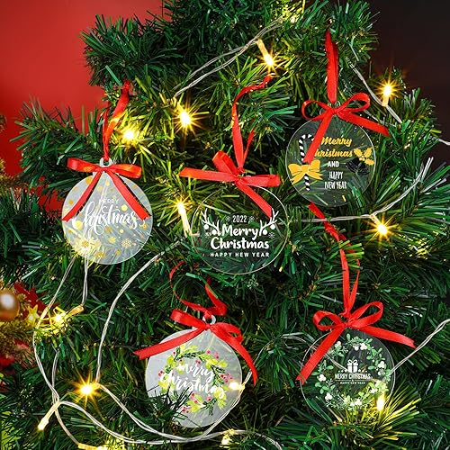 Miniatura 5 de Blulu 200 adornos de acrílico transparente de Navidad con 4 rollos de cinta roja para Navidad, bricolaje, círculos redondos acrílicos, adornos de