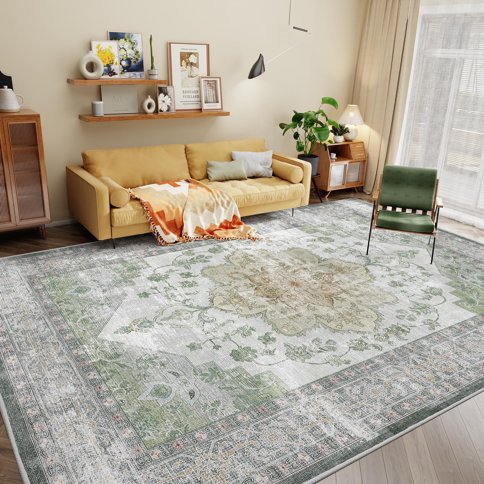 IKALIFE Vintage Washable Rug 5x7 - Machine Washable & Foldable Area Rugs with Non Slip Backing for Living Room Bedroom Dining Room Stain Resistant, Home Office Decor, Soft Low-Pile Carpet, Green