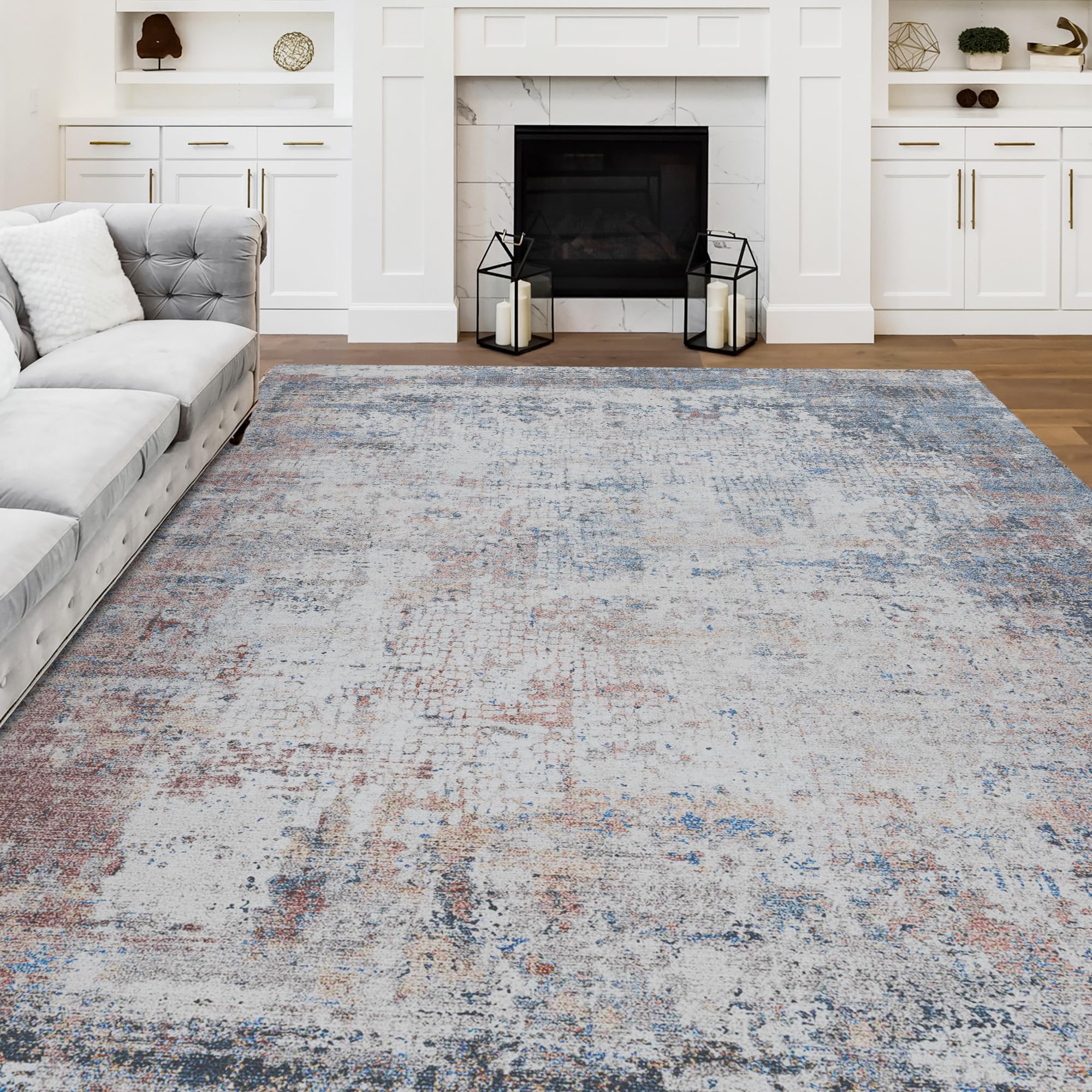 Area Rug for Living Room, 8x10 Area Rug Soft Non-Slip Machine Washable Rug Large Modern Abstract Rug Low-Pile Carpet for Bedroom Dining Room Blue Brown