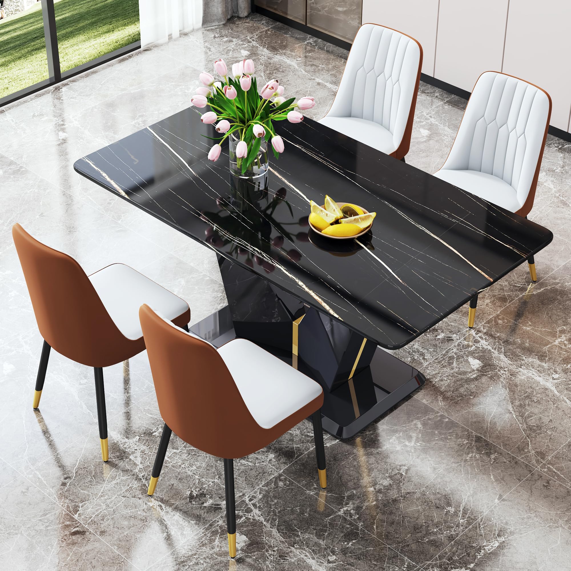 Dining Table Set for 4, Faux Marble Dining Table 63 Inch, Kitchen Table Set 0.4 Inch Thick Faux Marble Table Top and MDF Legs, Dining Room Table Set with 4 Leather Chairs for Kitchen and Living Room