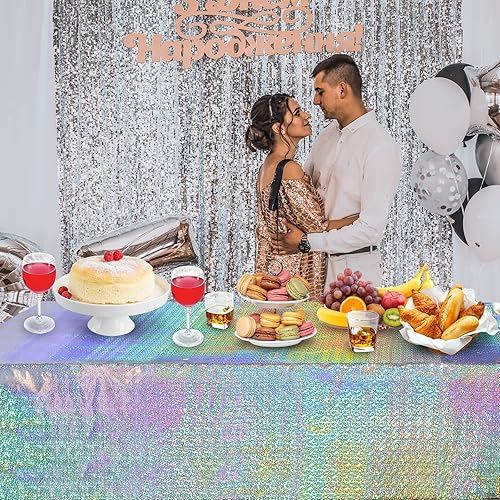 Miniatura 7 de Paquete de 4 manteles rectangulares desechables con láser iridiscente de plástico plateado iridiscente para decoración de fiesta de cumpleaños,