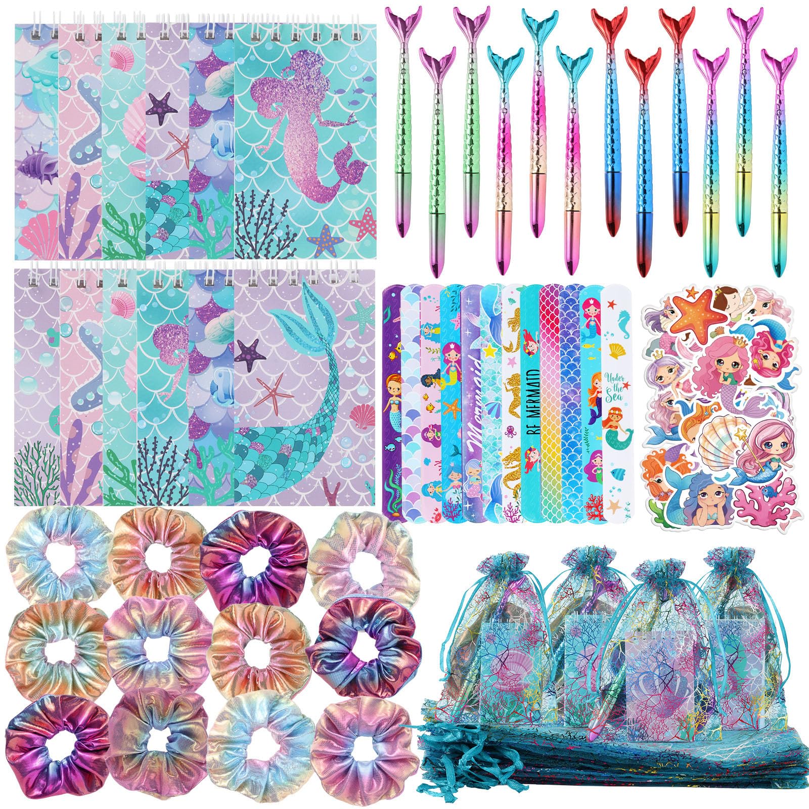 LiYiQ 110 PCS Mermaid Birthday Gifts Include 12 Pen 12 Notepad 12 Shiny Metallic Scrunchies 12 Gift Bag 50 Sticker Classroom Reward Gift Prizes Goodie