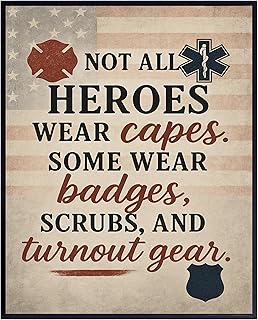 First Responder Appreciation Wall Art – Not All Heroes Wear Capes Poster, Vintage Patriotic Decor for Police, Firefighter, Nurse, EMT, Doctor, Hero Gift, Office Home Gallery, 8x10 Inch UNFRAMED