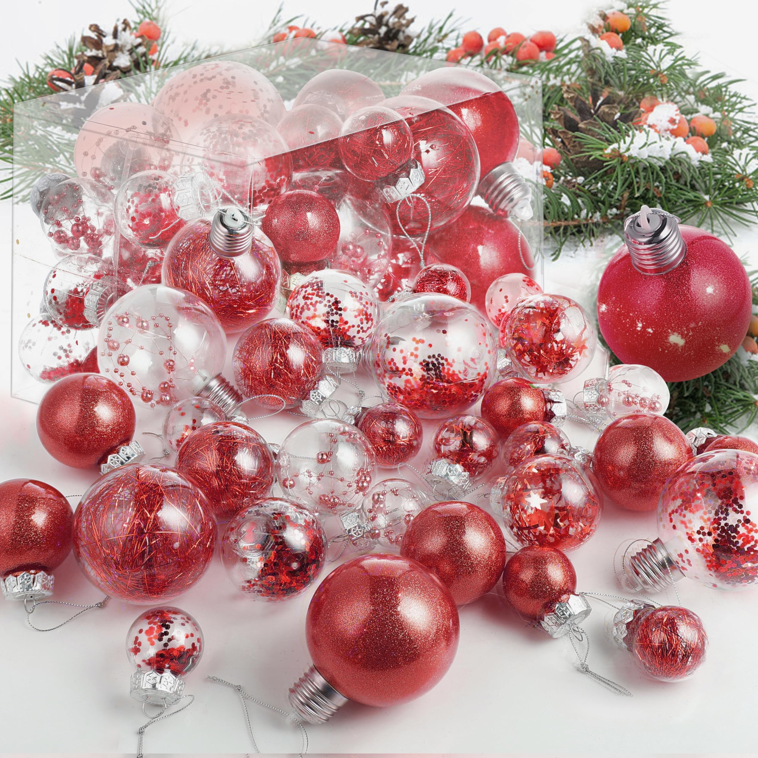 BoriYa LED Christmas Baubles - Red Christmas Tree Decorations,Clear Plastic Christmas Bauble to Fill,Shatterproof Xmas Tree Balls Set 36pcs,Multi-size Tree Baubles Pack for 2023 Christmas Decorations
