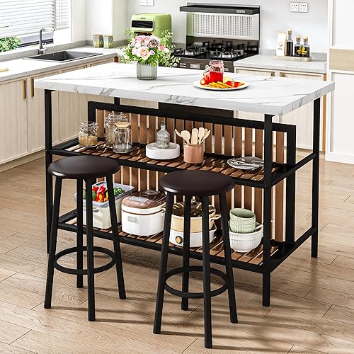 Miniatura 8 de DKLGG Isla de cocina con taburetes y almacenamiento, juego de mesa de comedor moderno para 2, juegos de cocina y comedor de 3 piezas, mesa de isla