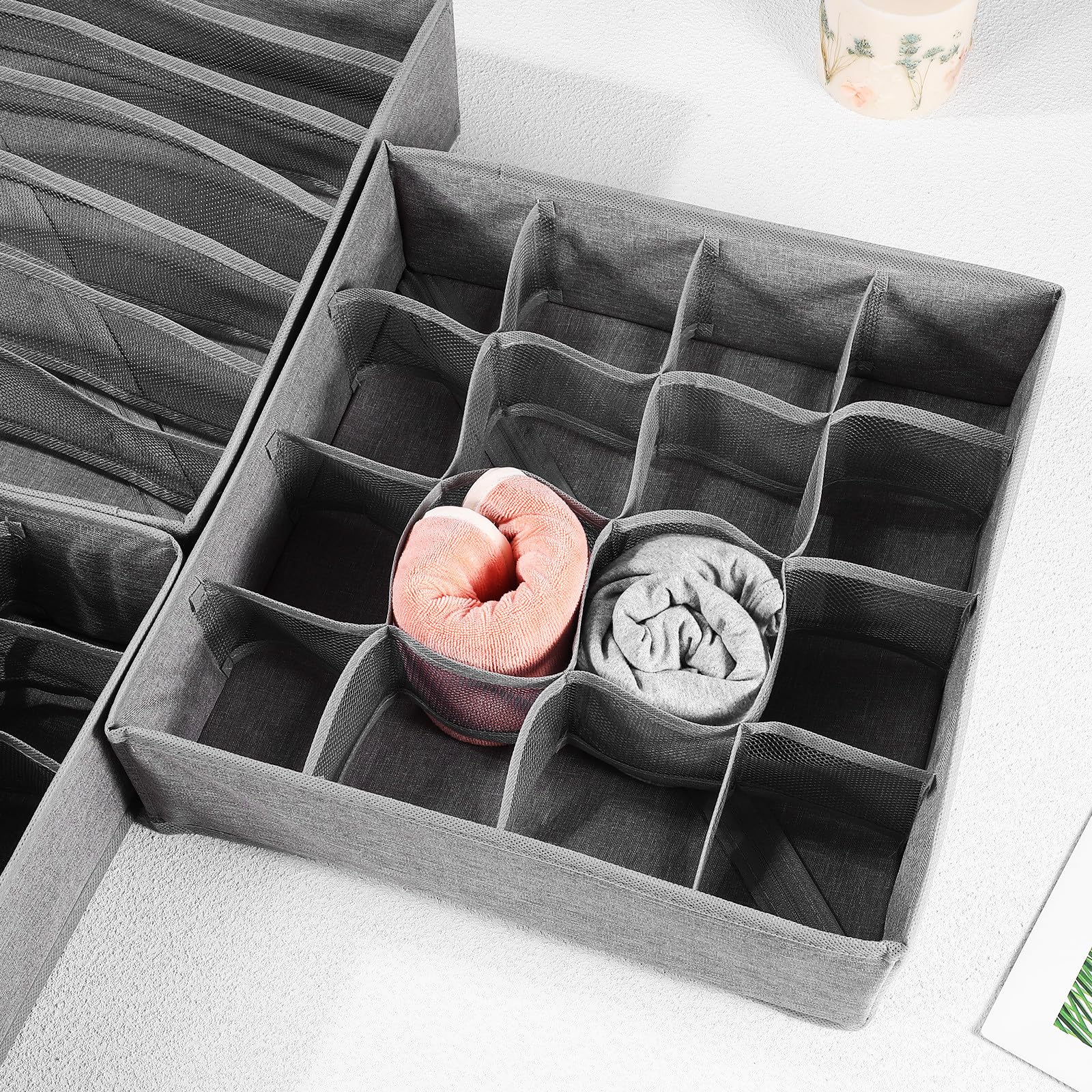 DOITOOL 4 Stück Schubladenorganizer aus Waschbarem Kationstoff mit 16, 7 und 6 Fächern Faltbare Aufbewahrungsbox für Socken und Unterwäsche im Schubladeneinsatz