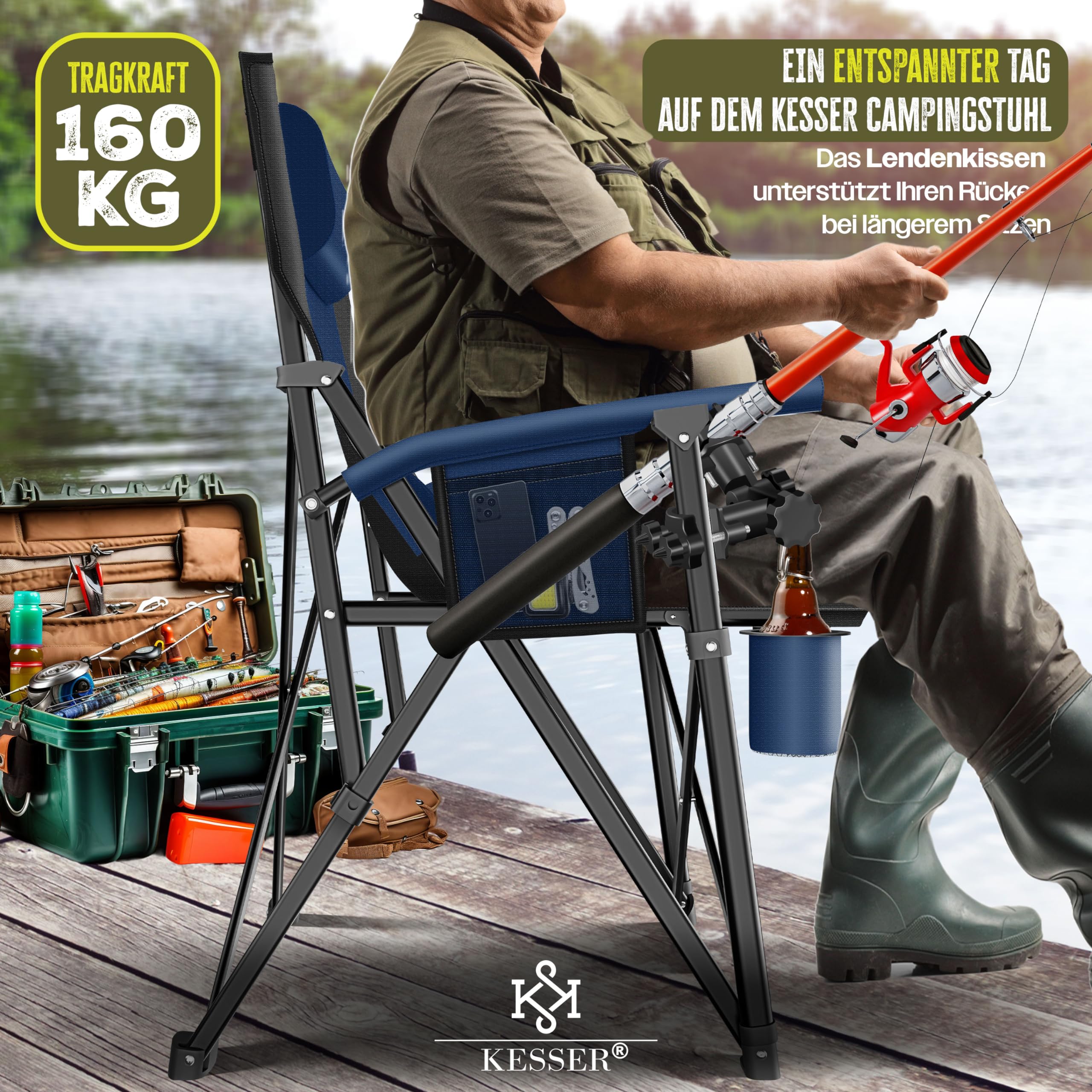 KESSER® Sedia da Campeggio Pieghevole fino a 160 kg, Imbottita con Braccioli, Luce da Campeggio, Portabicchieri, Borsa con Schienale Alto, con Porta Canne da Pesca, Navy Blue/Nero