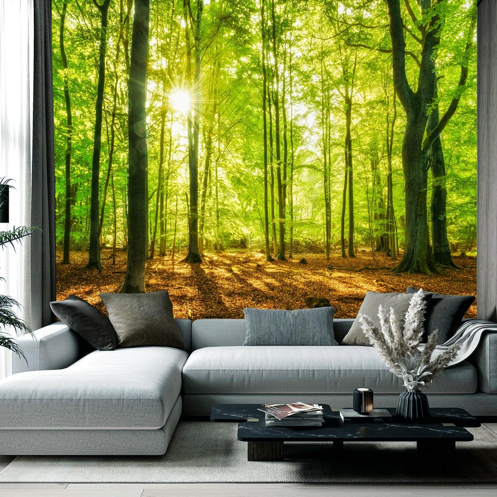Lirzxin Tenture Murale XXL, Tapisserie Murale Jaune Vert Marron Arbre Nature Paysage Forêt Ensoleillé Tapisseries Décoration pour Chambre Salon Dortoir, 350x256 CM
