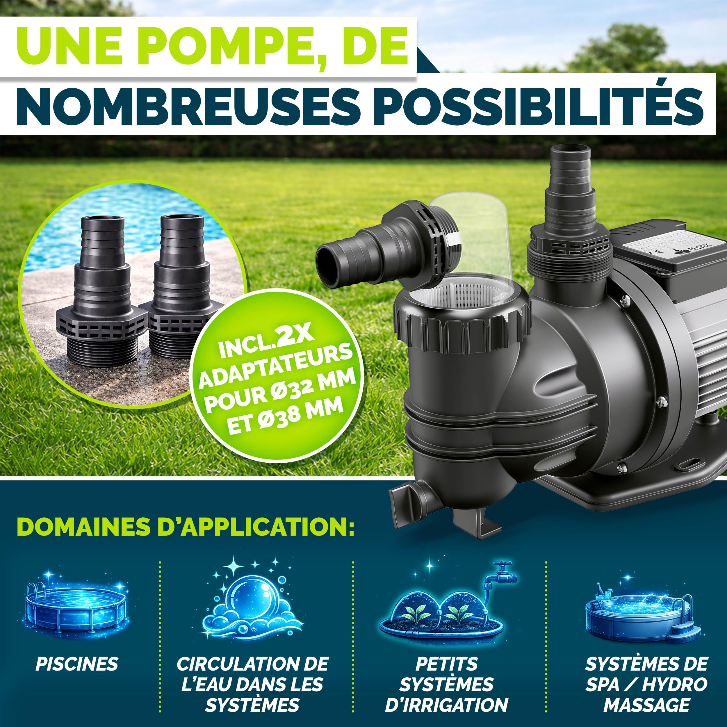 tillvex® Pompe de filtration piscine 9 500 L/h & 550 W | Hauteur de refoulement max. 10 m | Pompe de circulation pour piscines 40 m³ | Auto-amorçante pour piscine hors-sol & spa avec préfiltre