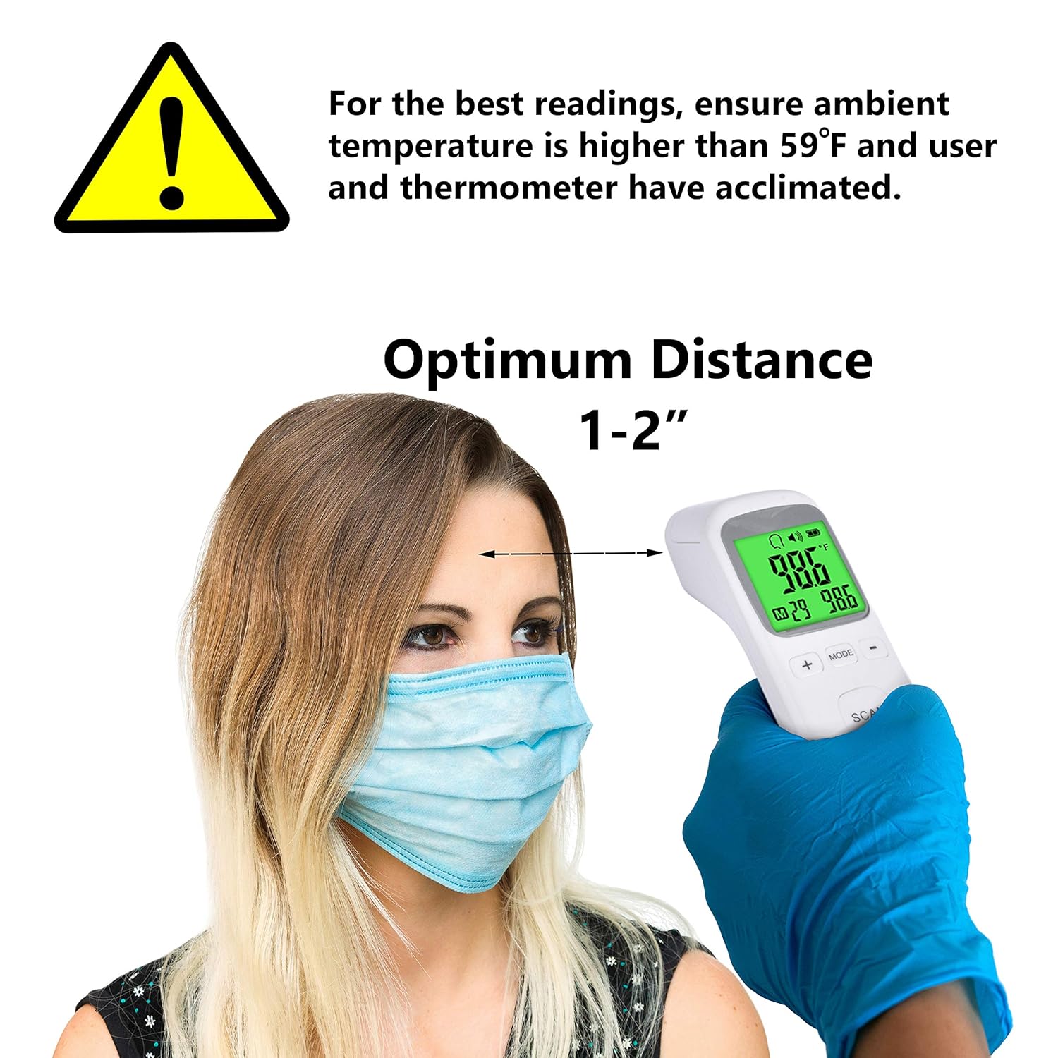 Diagram showing the three-color fever alarm system of the thermometer: Green for normal temperature (89.6-99.4 F), Orange for slight fever (99.5-100.3 F), and Red for high fever (100.4-109.4 F).