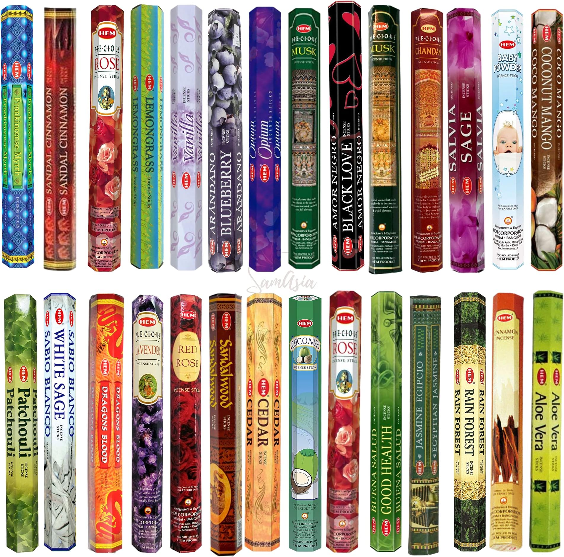 HEM Incense Sticks - 24 unique and premium flavours with SAMASIA incense holder for Aromatherapy, Incense Spa, Yoga, Meditation, Healing, Spirituality and Relaxation…