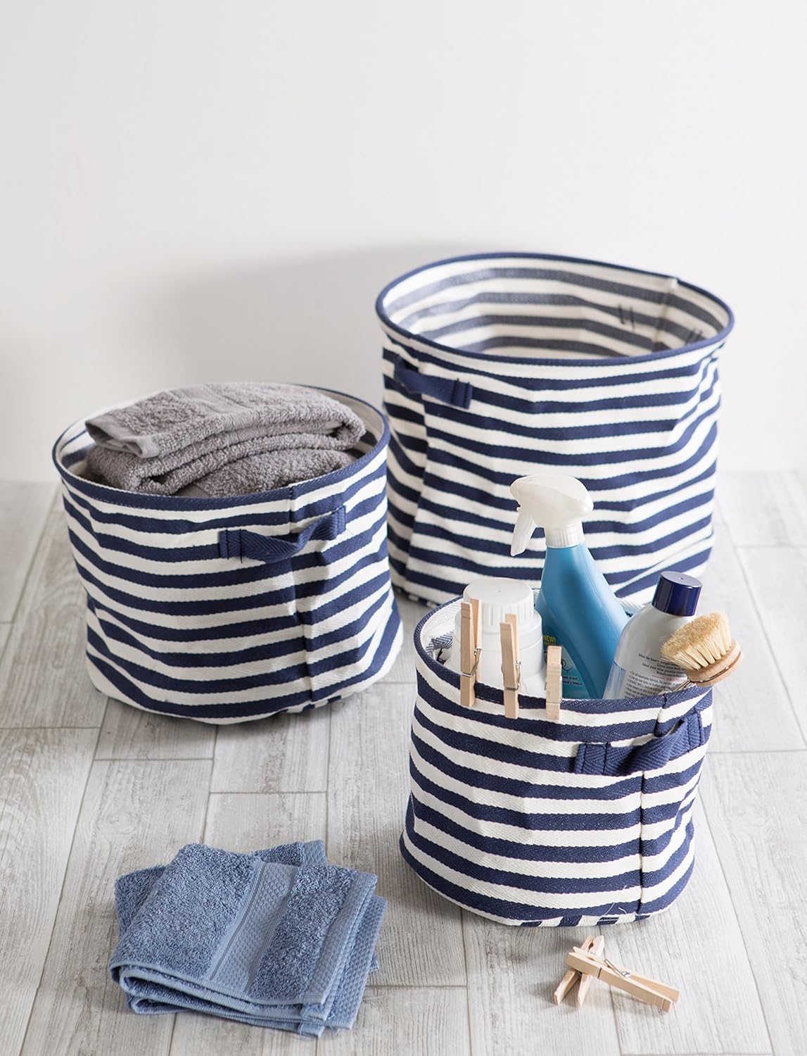 DII Cabana Stripe Laundry Collection, Waterproof Hamper, Large Round, 13.75x12", French Blue, 2 Piece