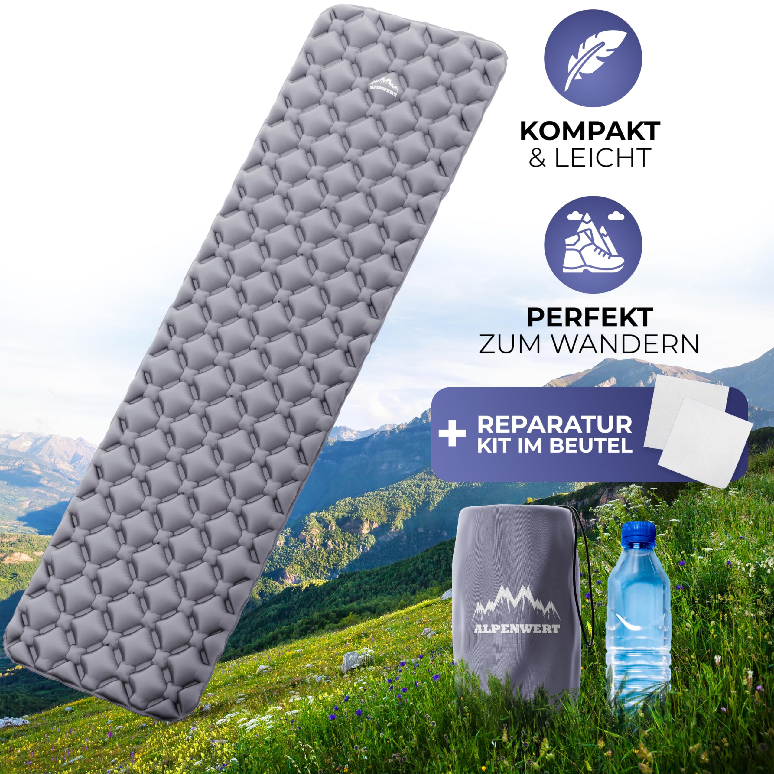 Alpenwert® Isomatte Outdoor [Kleines Packmaß & Ultraleicht] – Testsieger 2026 – 100 Tage risikofrei testen – Aufblasbare Schlafmatte & Luftmatratze für Camping, Wandern, Trekking & Backpacking*