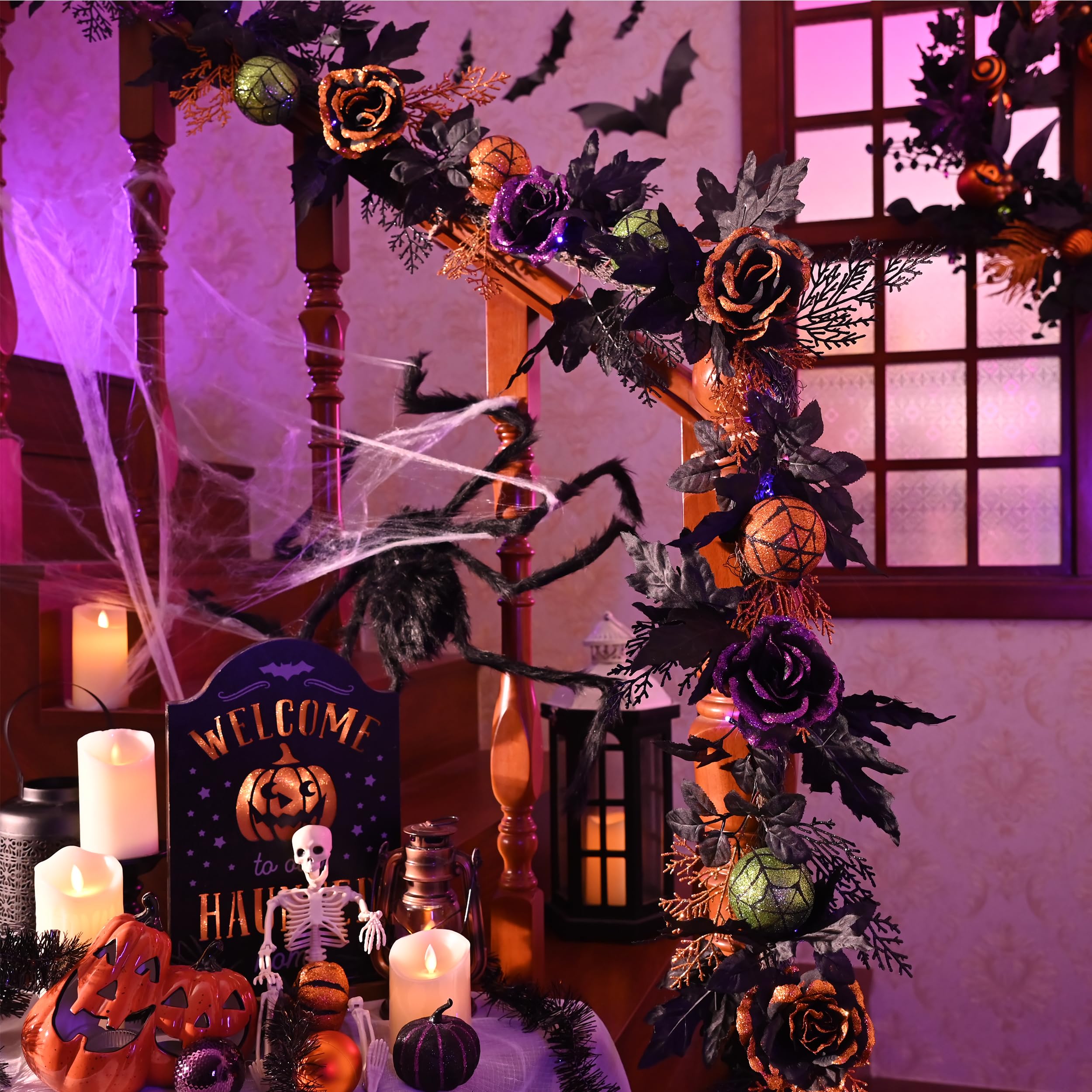 Valery Madelyn Guirlande d'Halloween pré-éclairée de 1,8 m avec boules de roses artificielles, décorations d'Halloween avec lumière LED pour porte d'entrée, décoration de fête d'intérieur d'Halloween