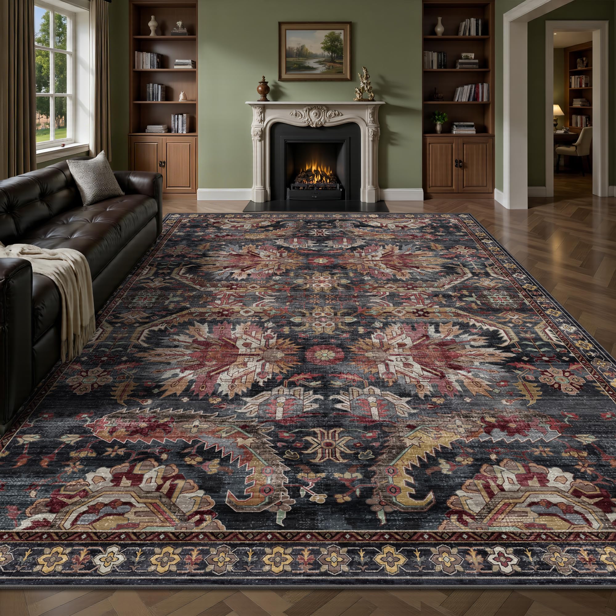 Yarooge 5X7)Area Rugs, Vintage Retro Soft Washable Rug, Non-Slip Low Pile Rugs for Living Room, Bedroom, Dining Room, Stain Resistant Home Decor Rug (Rust Red)