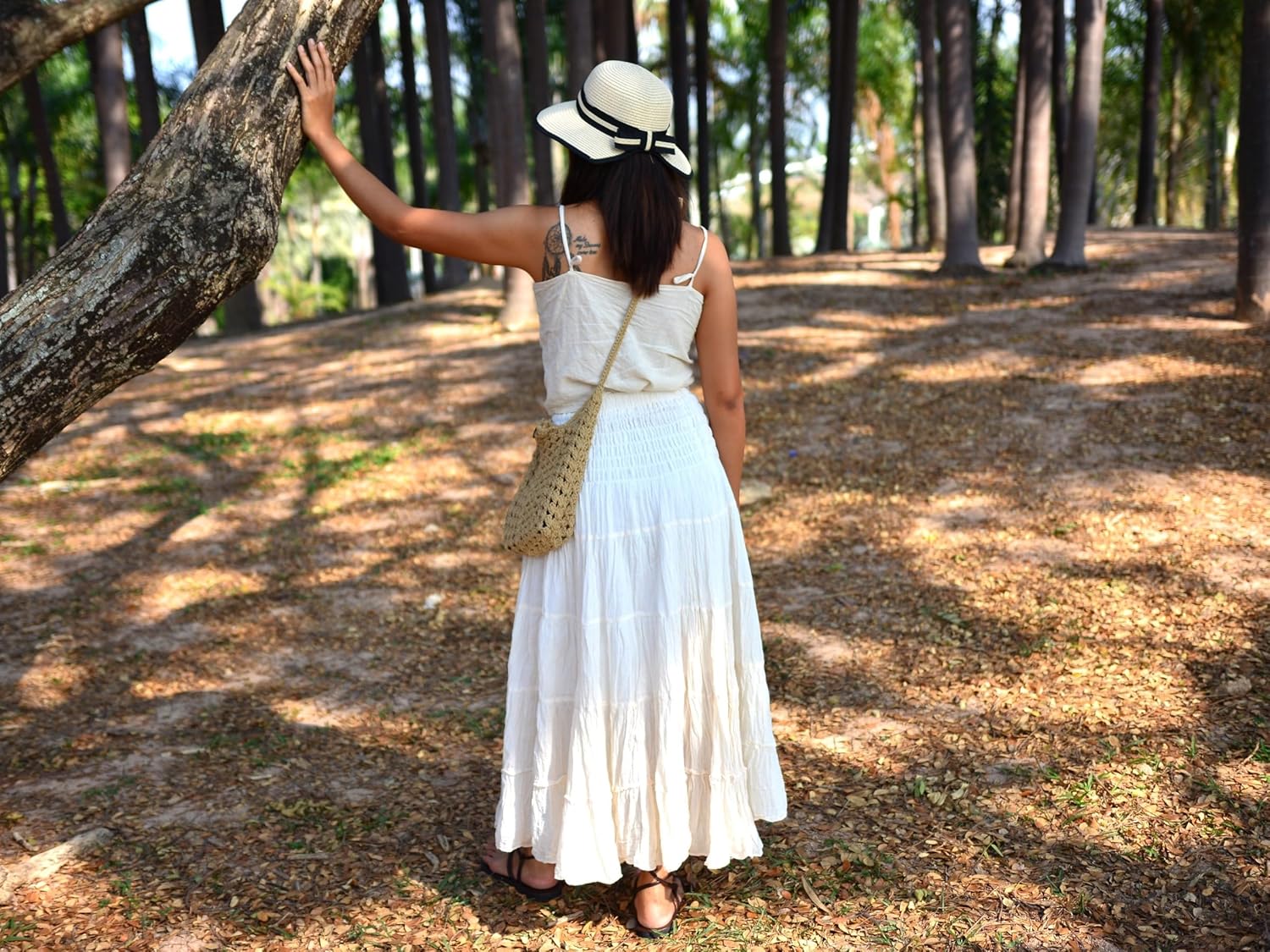 Sakoonee Boho Hippie Maxi Skirt Long Summer Cotton Dress for Women with Smocked Elastic Waist