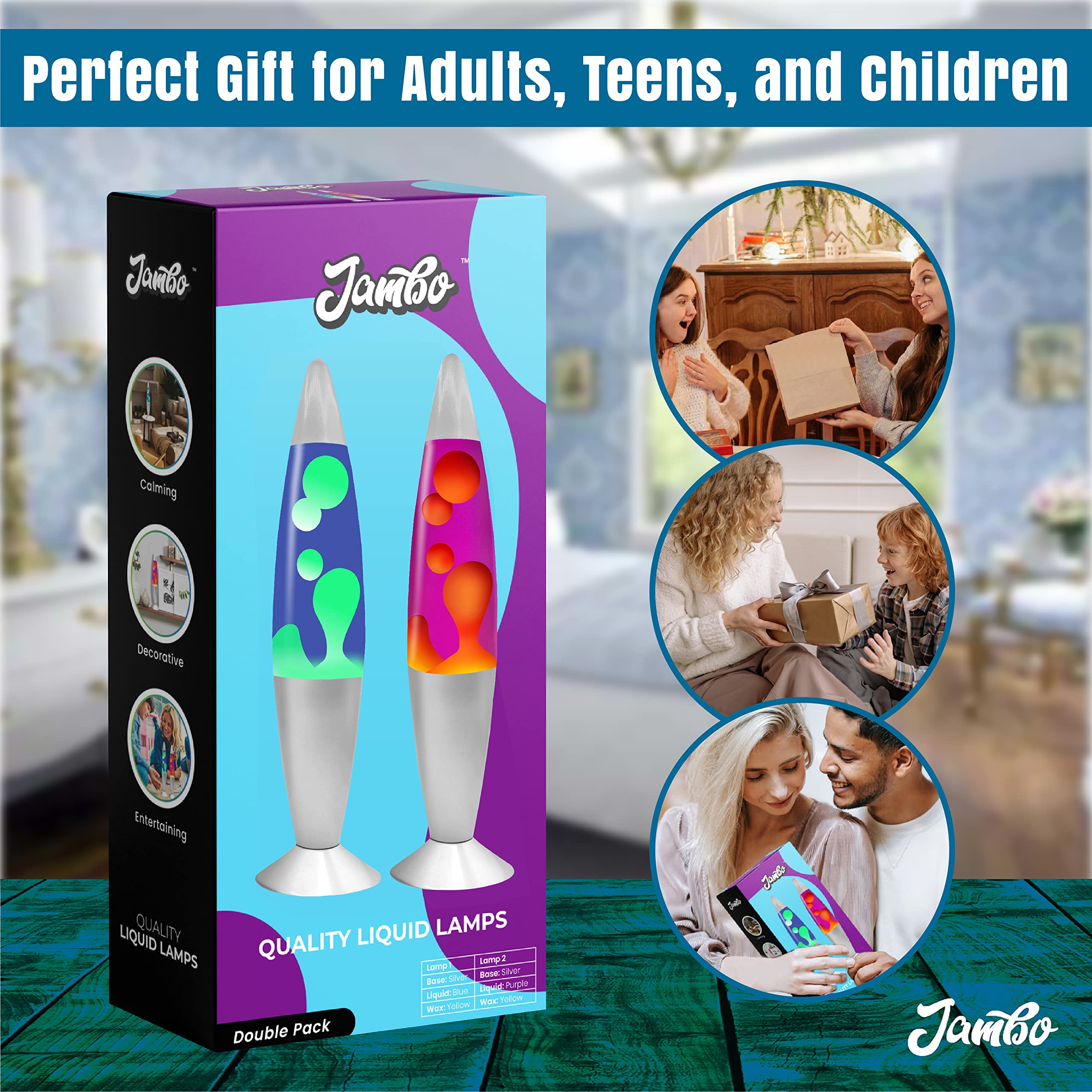 Jambo 16-Inch Beautiful Liquid Motion Lamp |Entertaining for Adults and Kids (Silver Base, Blue Liquid, Yellow Wax, and Silver Base, Purple Liquid, Yellow Wax, 16", Double Pack)