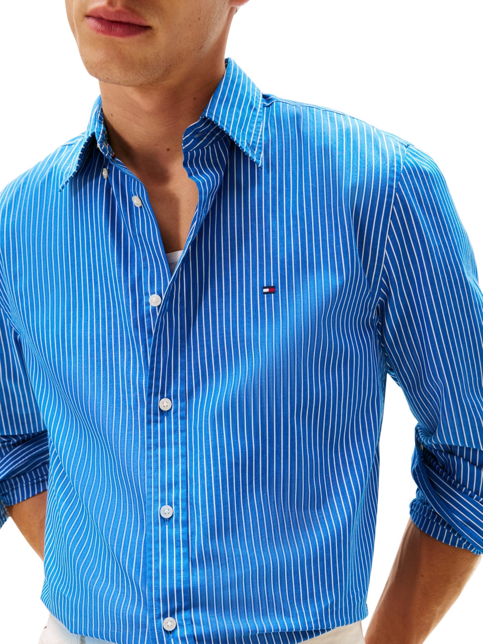 Tommy Hilfiger Core Hairline Poplin Koszula męska RF Mw0mw41399 L/S, niebieska (indygo żywa/paski), XXL, Niebieski (żywy indygo/paski), XXL