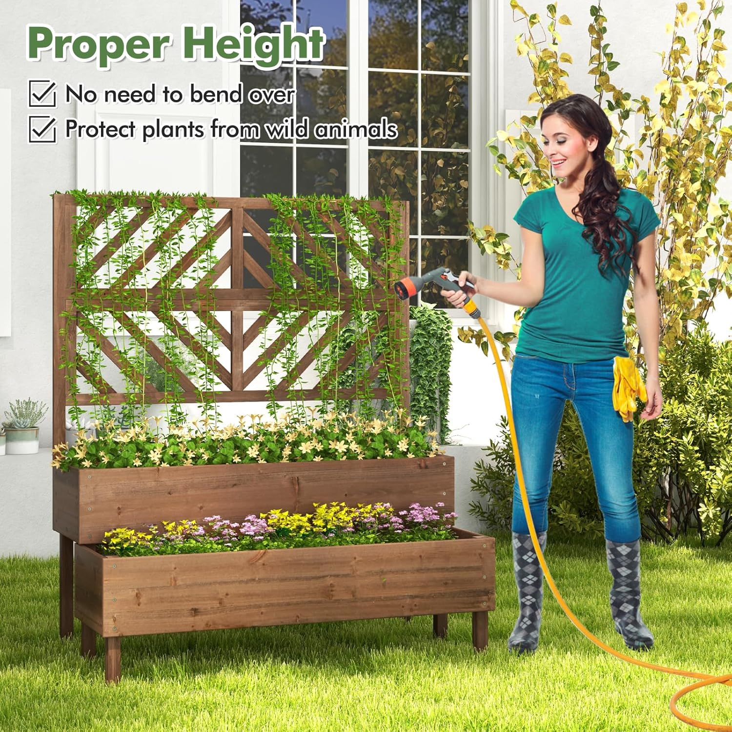 Raised Garden Bed with Trellis, 2-Tier Wood Planter Box with Freestanding Legs & Drainage Holes, Outdoor Raised Garden Bed for Climbing Plant, Vine, Vegetable