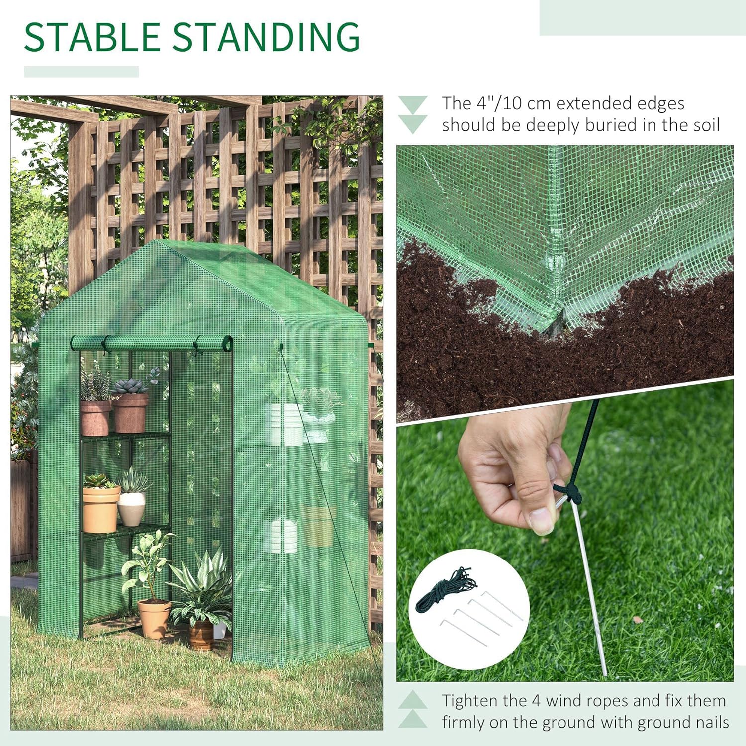 Greenhouse stability features: burying edges and ground stakes