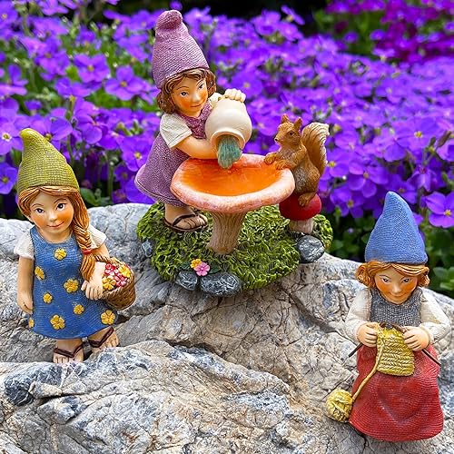 Miniatura 6 de Mood Lab Gnomos de jardín en miniatura – Lady Gnomes Kit de 3 piezas – Juego de figuras y accesorios – Decoración para exteriores o casa