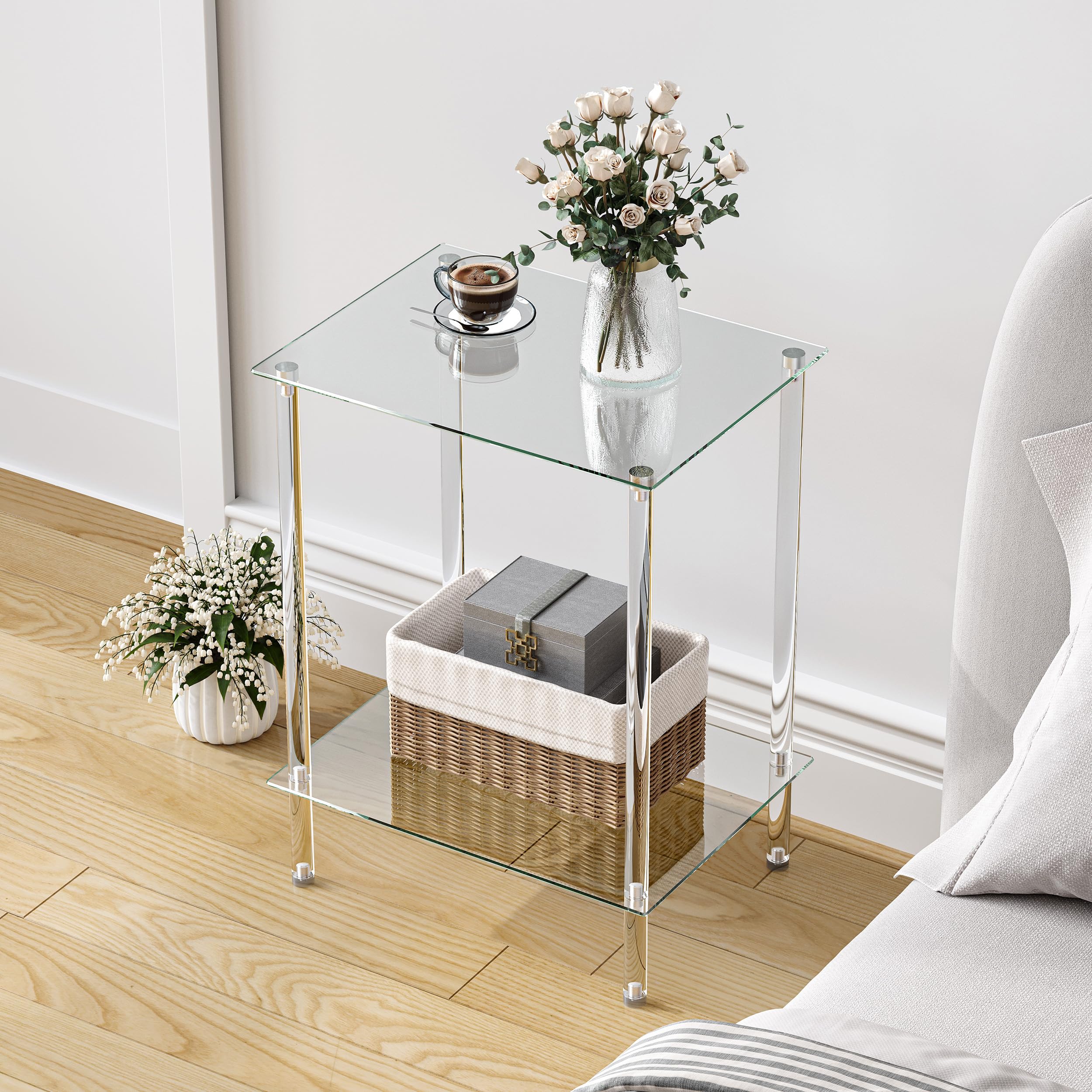 Table d'appoint en Verre Bout de Canape Transparente Petite Table Basse à 2 Niveaux Bouts de Canapé de Salon Tendance Convient pour Les Salons Les Chambres à Coucher et Les Bureaux LET518TR