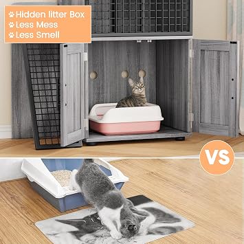 Double Layer Cat Litter Box Furniture, Hidden Litter Box Enclosure with Entertaining Platform, Modern Villa Cat Cabinet House with Ladder, Washroom Indoor, Dark Grey