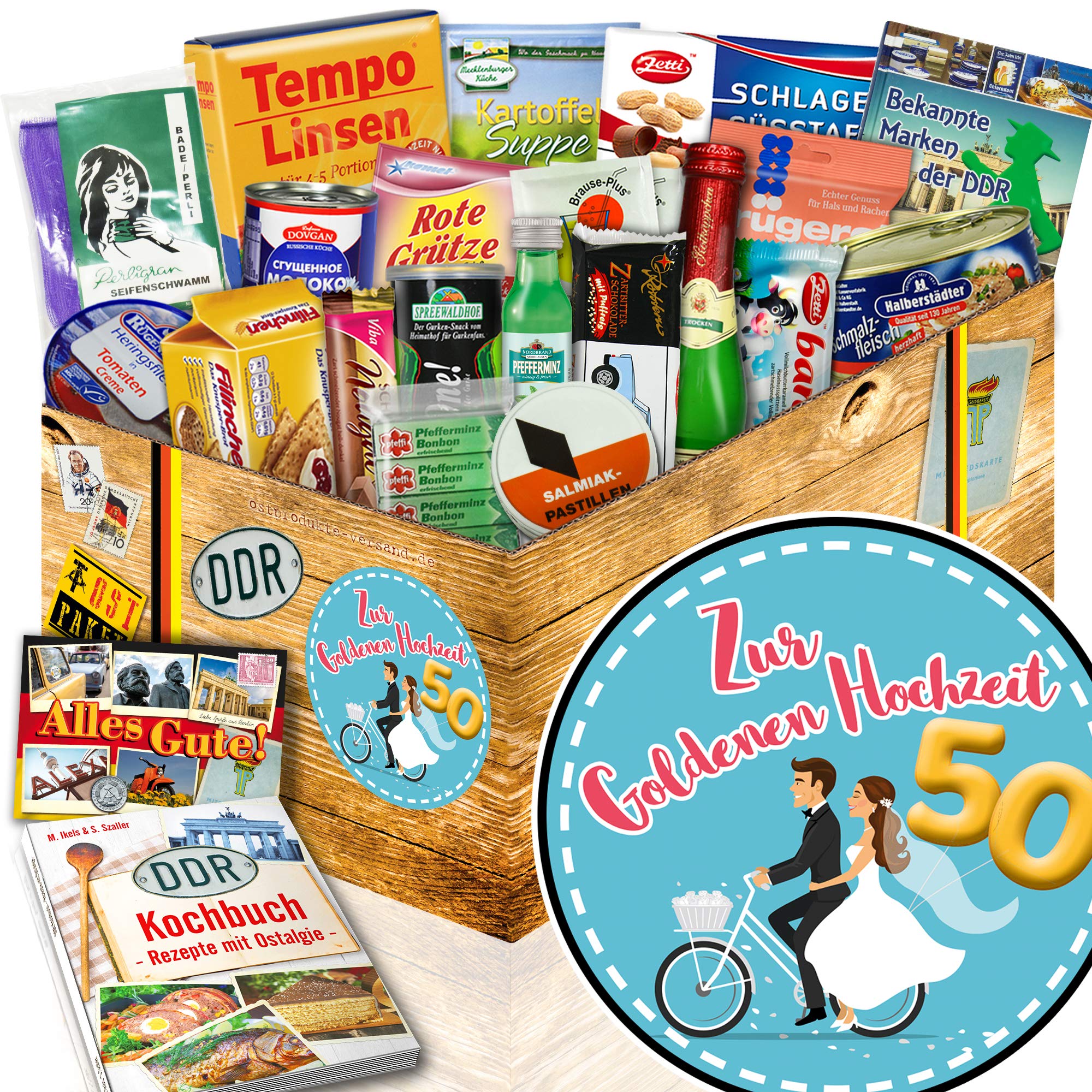 Zur Goldenen Hochzeit - Ostpaket DDR Spezialitäten Box mit 18 Produkten | Geschenkset inklusive DDR Kochbuch, Rotkäppchen Sekt, Süßigkeiten und Kulinarik - Ideal für Partner mit Ostalgie