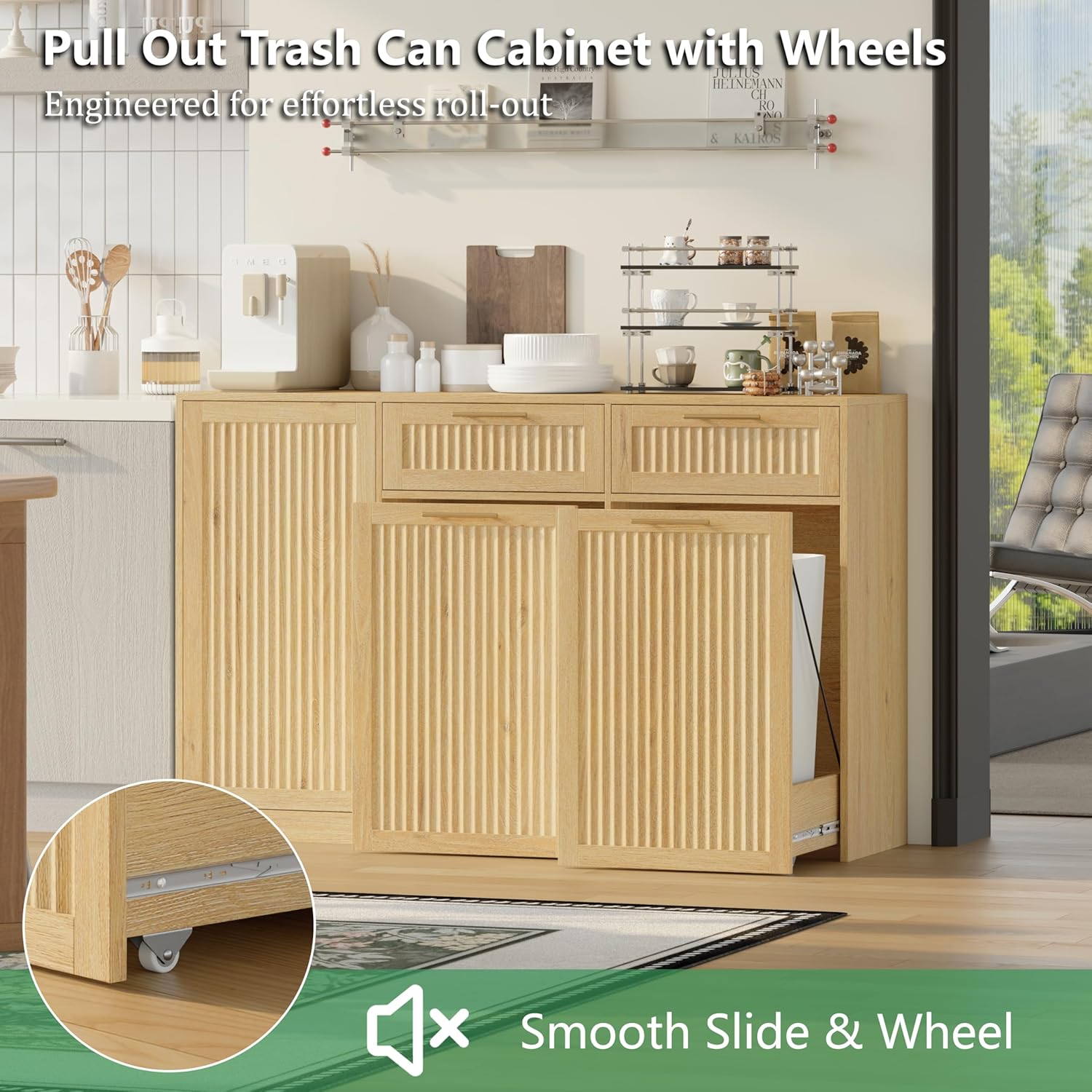 Double 13 Gallon Pull Out Trash Can Cabinet with Storage Drawer – Pet Proof Hidden Garbage Can Cabinet, Wood Farmhouse Trash Cabinet with 3-Tier Storage for Kitchen and Dining Room,Natural Oak