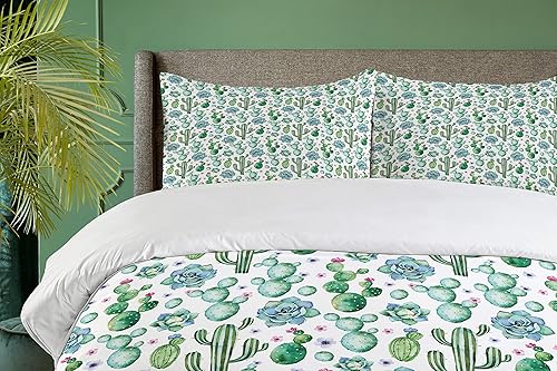 Miniatura 3 de Ambesonne Juego de funda de edredón de cactus, pintado a mano, plantas exóticas saguaro, tuna y suculentas, arreglo de espigas, juego de cama