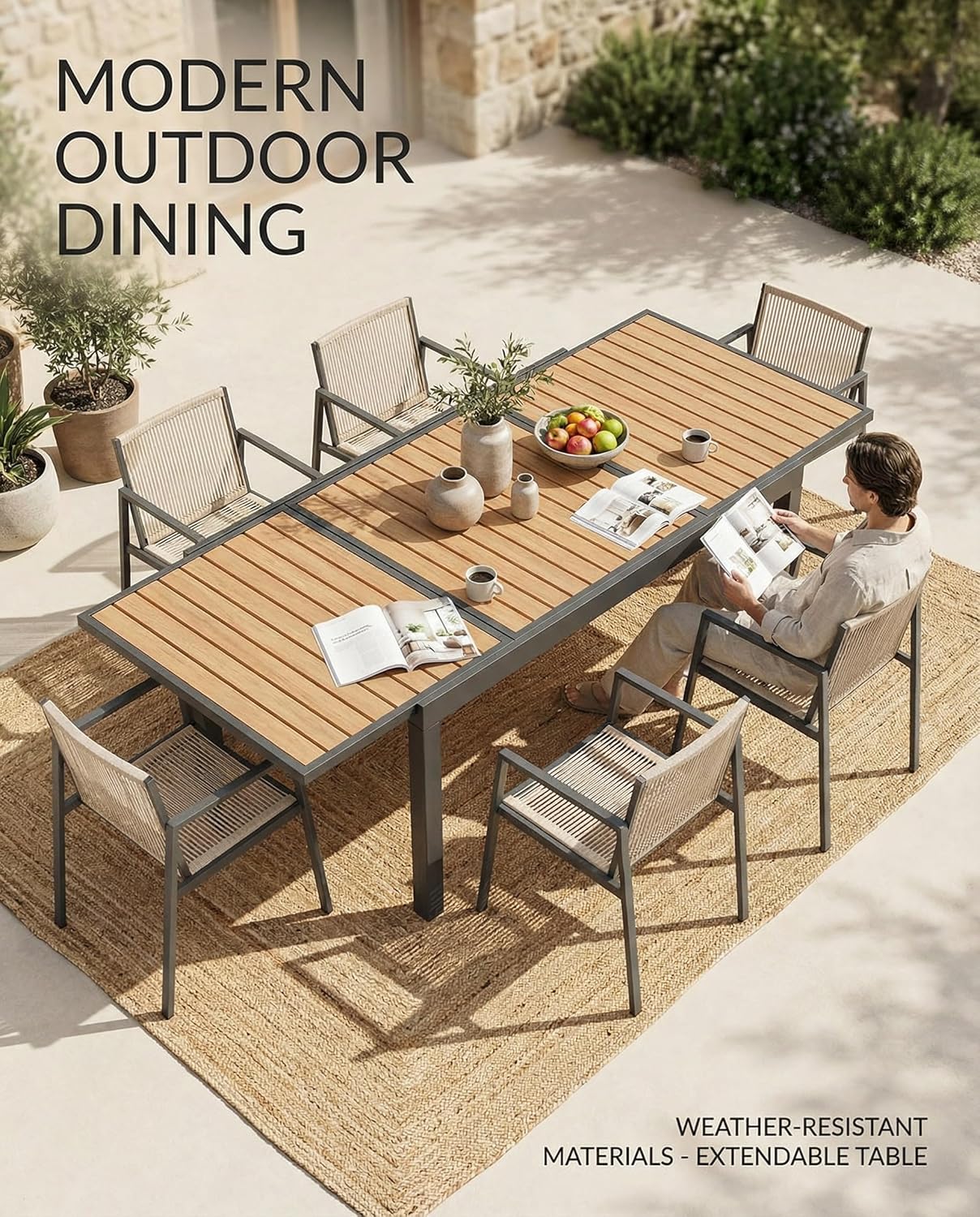 ZANDOR Expandable Patio Dining Table for 4-8 People, Aluminum Outdoor Square Table(55"-82.7") with Safety Lock,Adjustable Height-Wood Grain for Backyard,Garden,Porch, Yard,Poolside,Grey