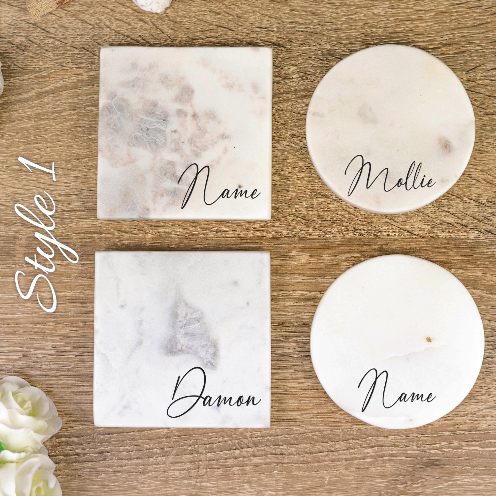 So Bespoke White Personalised Coaster Customised Marble Stone Coaster Set Any Text (Circle, Style 1)