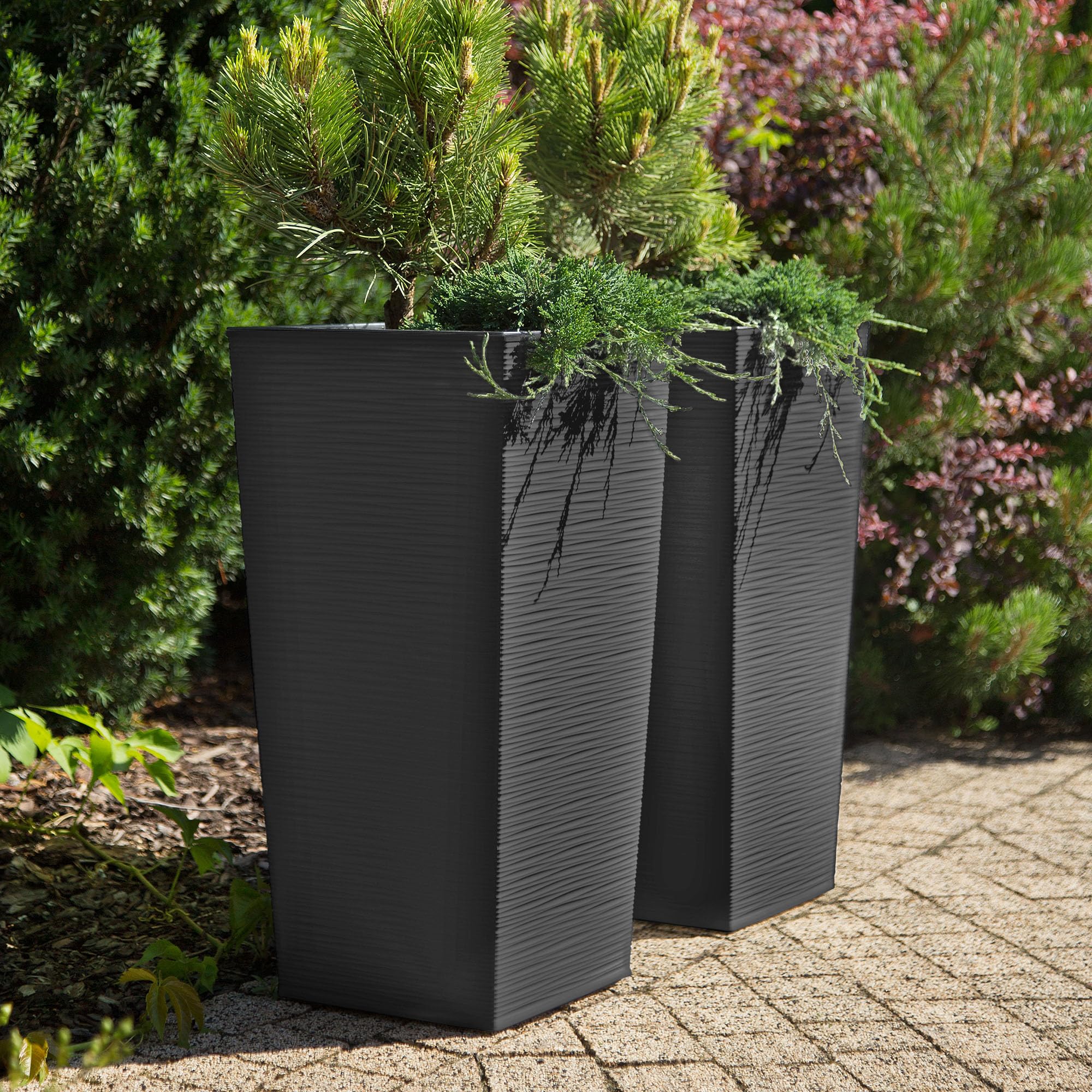 KADAX 3er Set Pflanzkübel mit Innentopf 36/46,5/57,5 cm Höhe, Grafit – wetterfeste & robuste Blumenkübel aus Kunststoff, Blumentöpfe für Innen- & Außenbereich