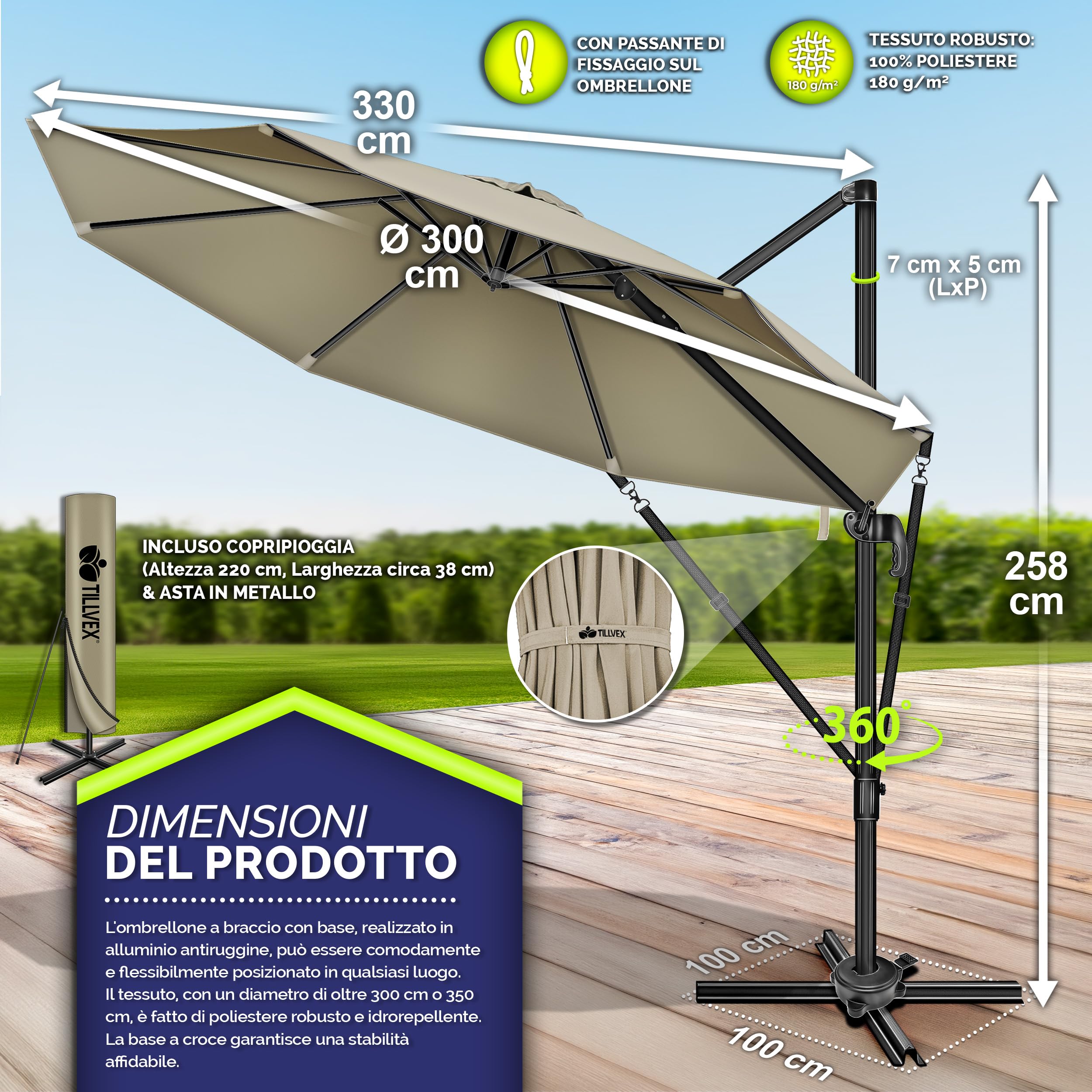 tillvex® Premium ombrellone da giardino 330 cm + copertura e protezione dal vento | Ombrellone a sbalzo regolabile a 7 pieghe con manovella | Ombrellone in alluminio girevole a 360° inclinabile